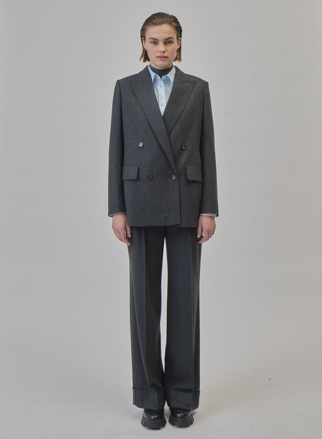 Double-Breasted Wool and Cashmere Flannel Blazer in Slate Gray, view 2
