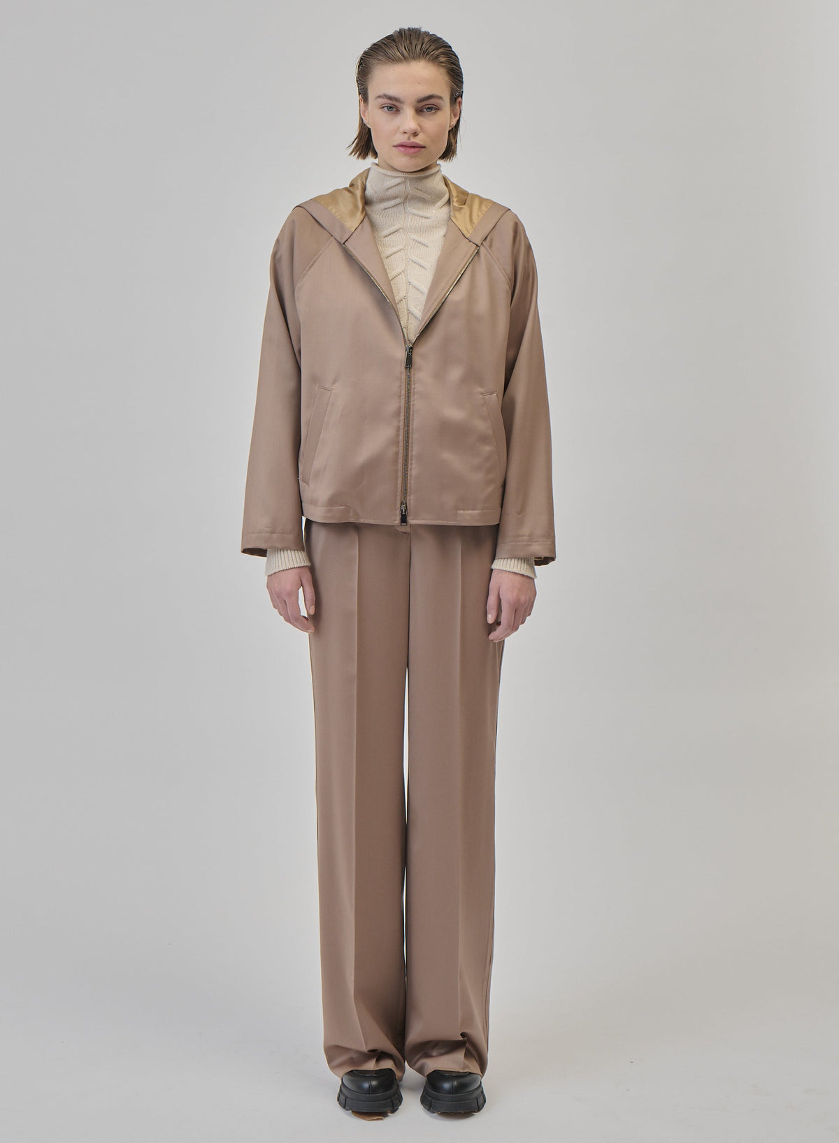 Wool Satin Wide-Leg Trousers in Camel, view 2