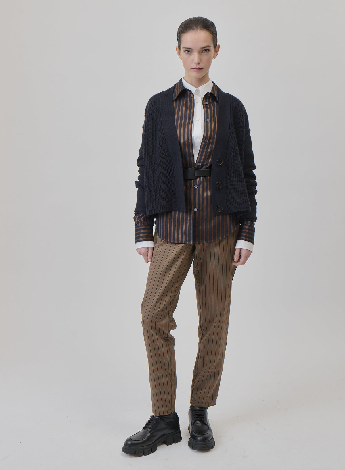 Striped Wool and Silk-Blend Shirt in Navy & Camel, view 2