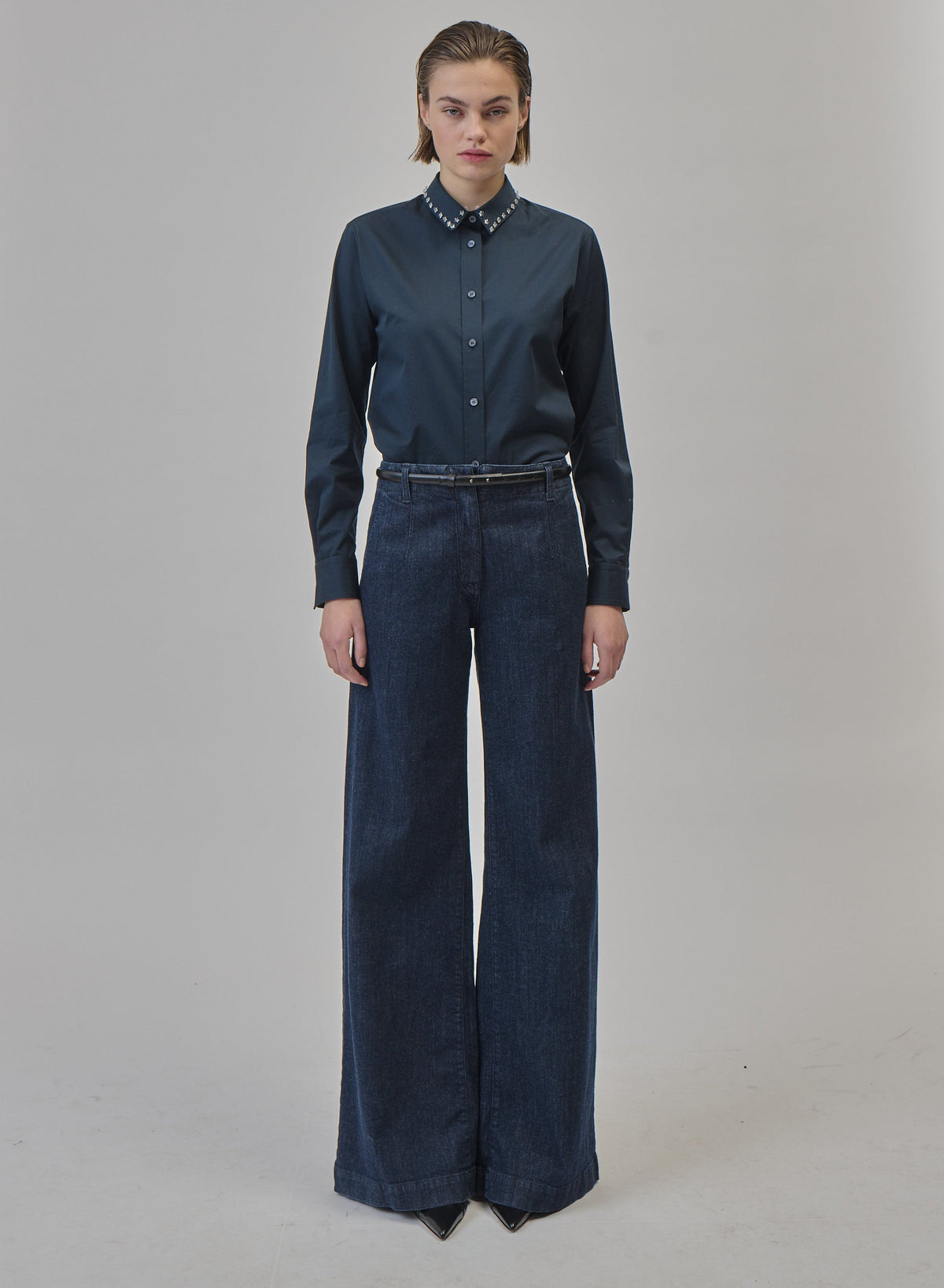 High-Rise Wide-Leg Jeans in Dark Blue, view 2