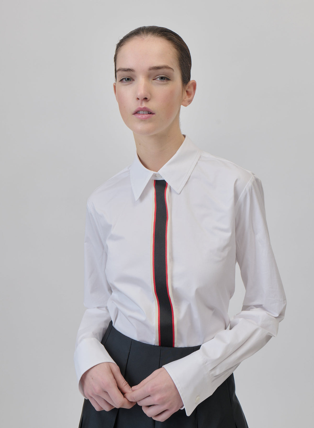 Contrast-Placket Cotton Poplin Shirt in Off White, view 2