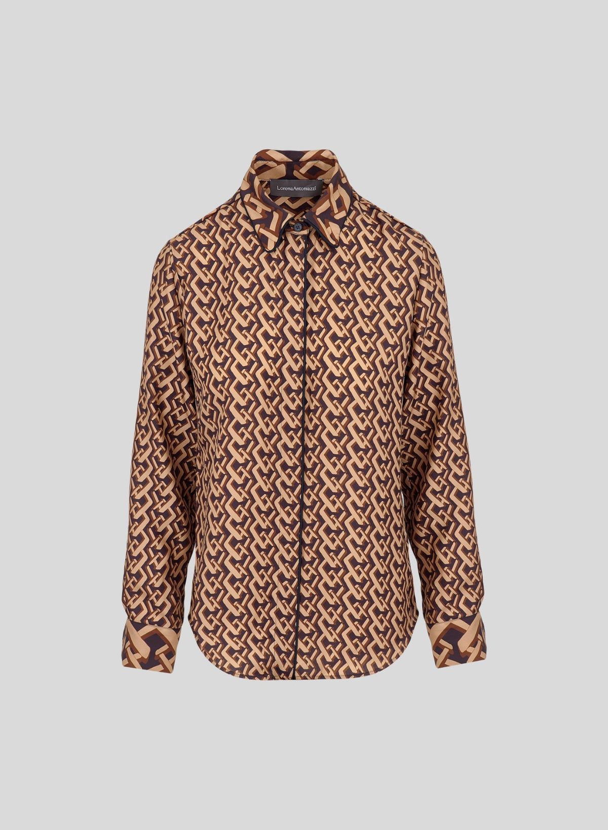 Geometric-Print Silk Twill Shirt in Black, Red & Beige, primary view