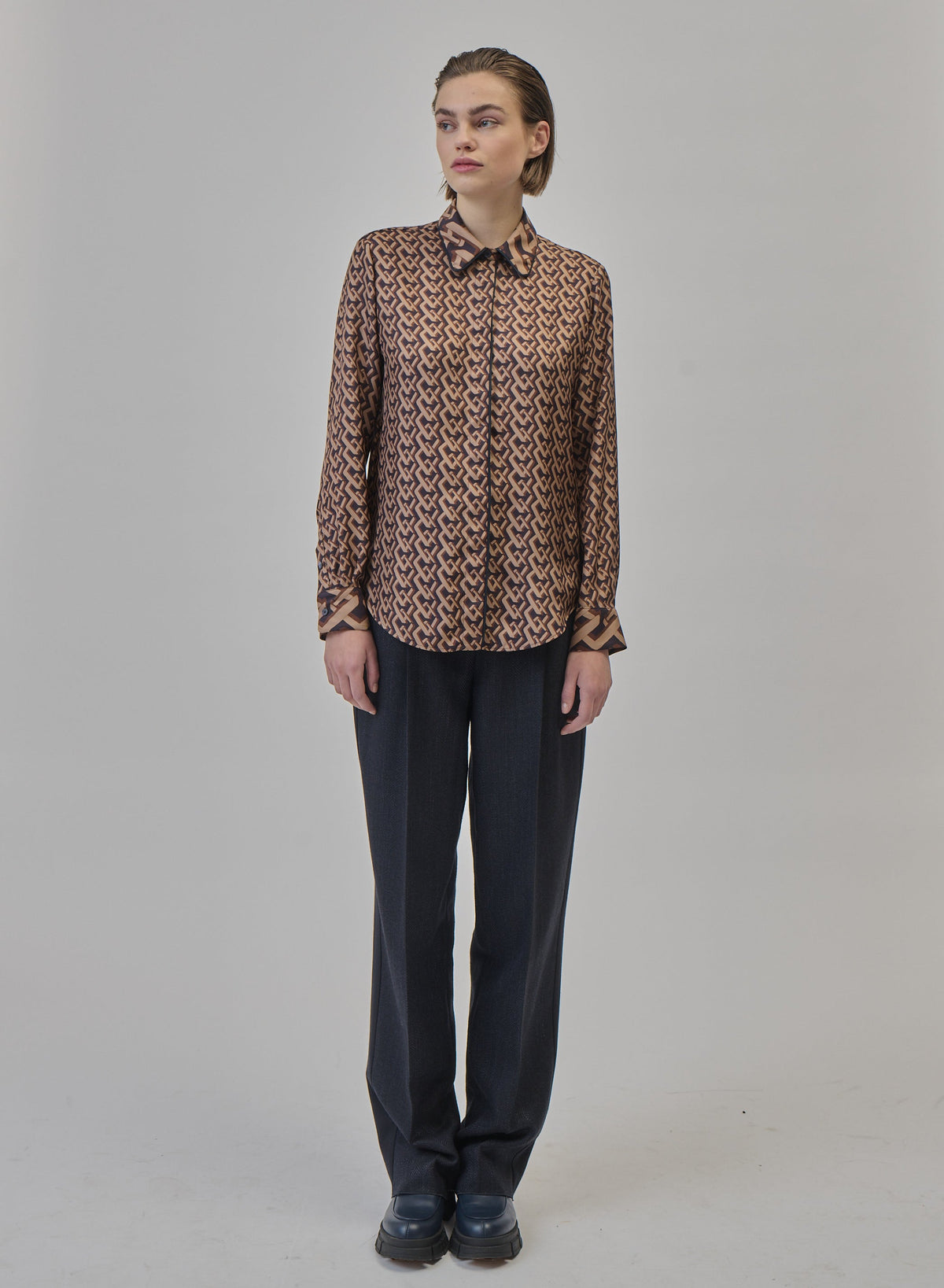 Geometric-Print Silk Twill Shirt in Black, Red & Beige, view 2