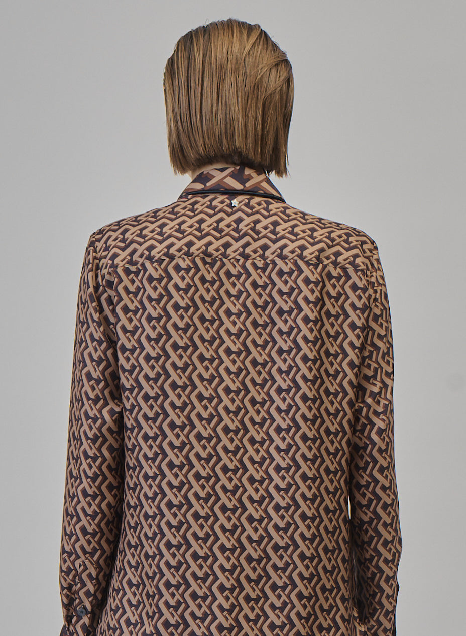 Geometric-Print Silk Twill Shirt in Black, Red & Beige, view 3