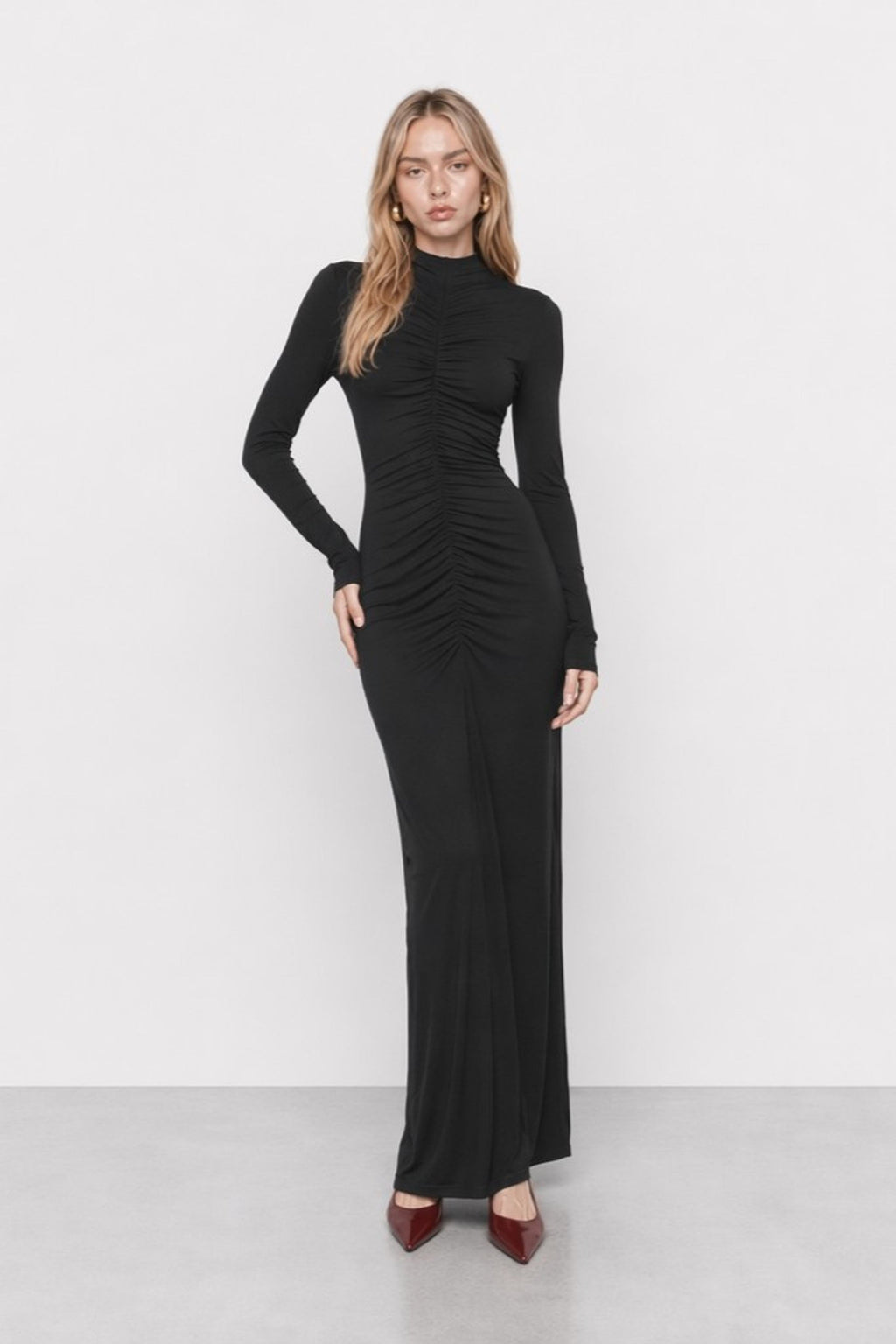 Crispina Ruched High-Neck Maxi Dress — Kocca