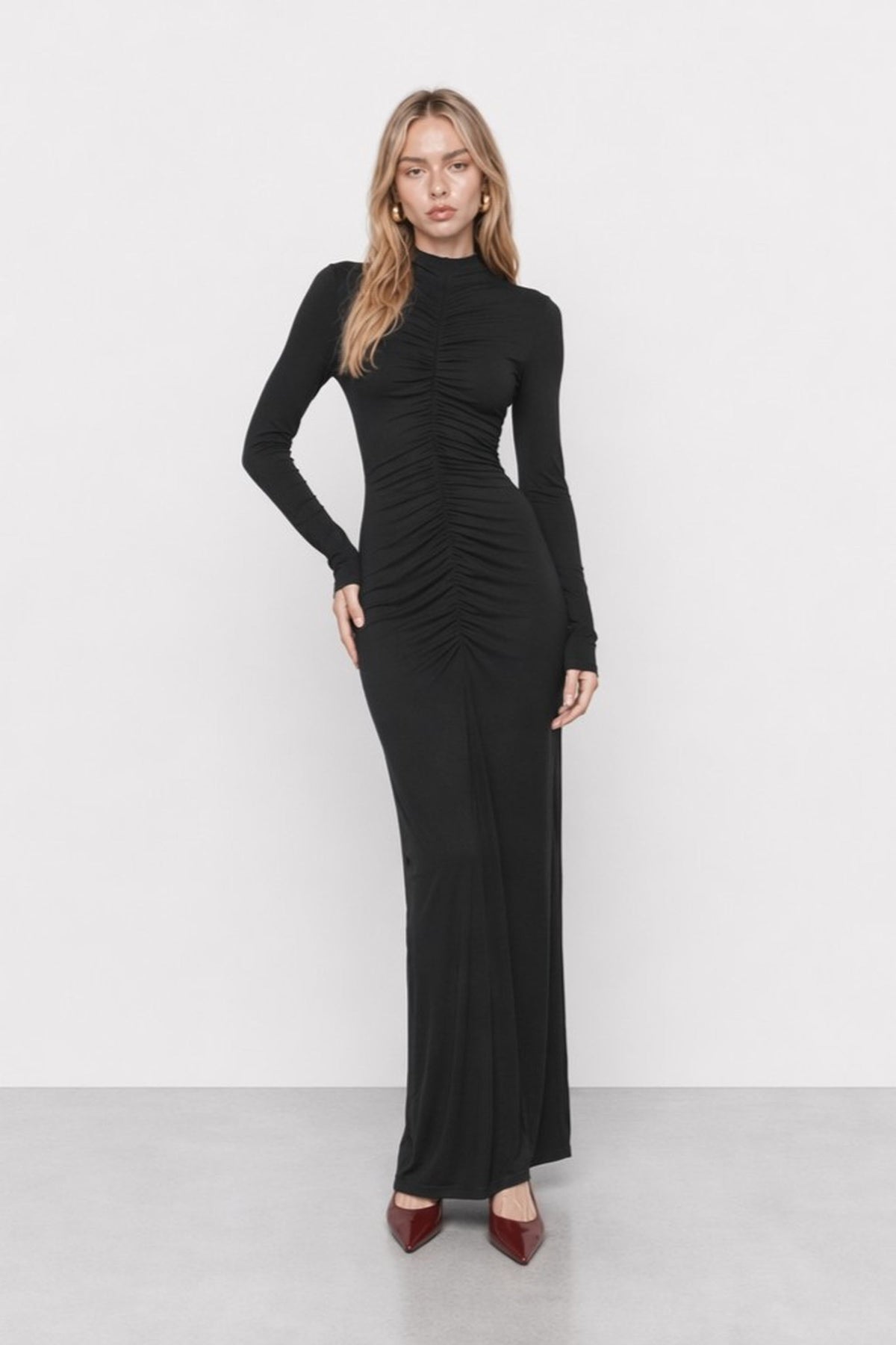 Crispina Ruched High-Neck Maxi Dress — Kocca