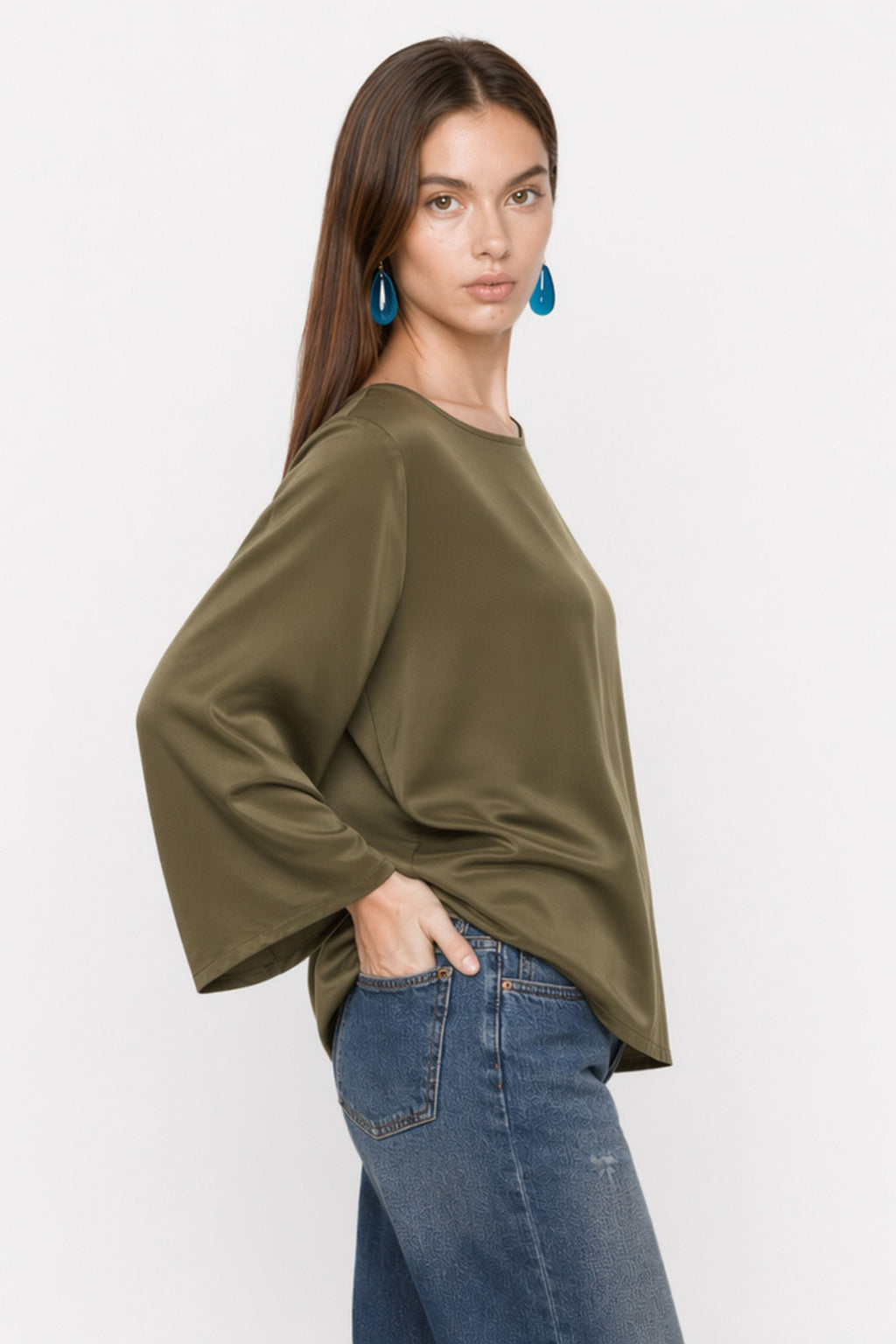 Glisente Fluid Viscose Blouse in Olive, view 3