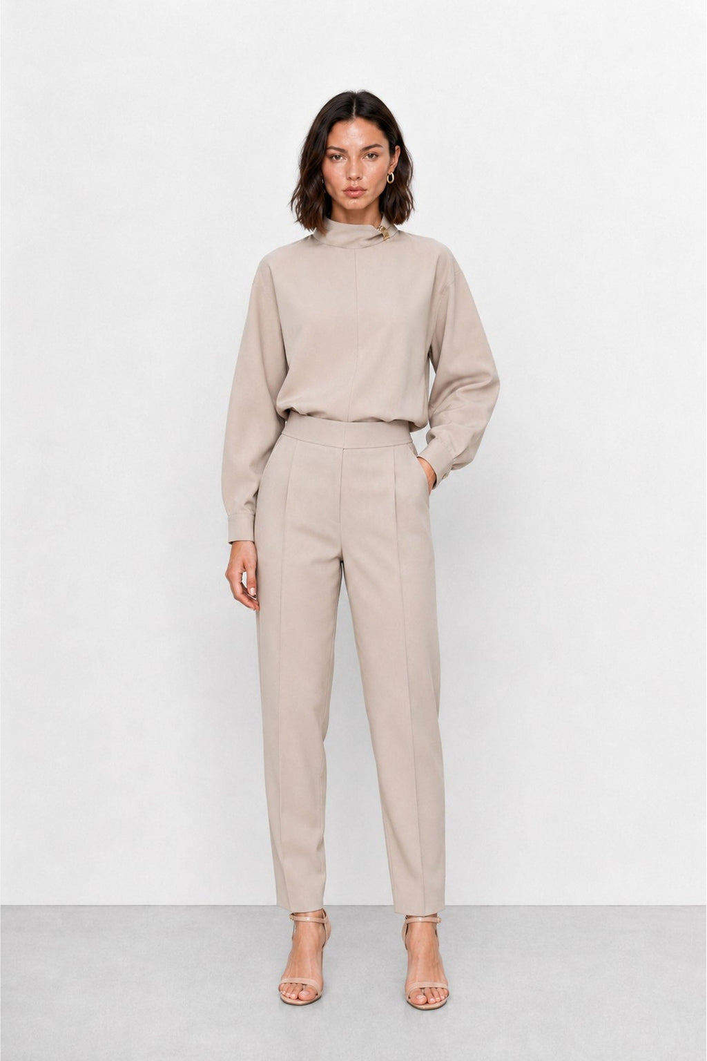 Pius Draped High-Neck Blouse in Light Gray, view 2