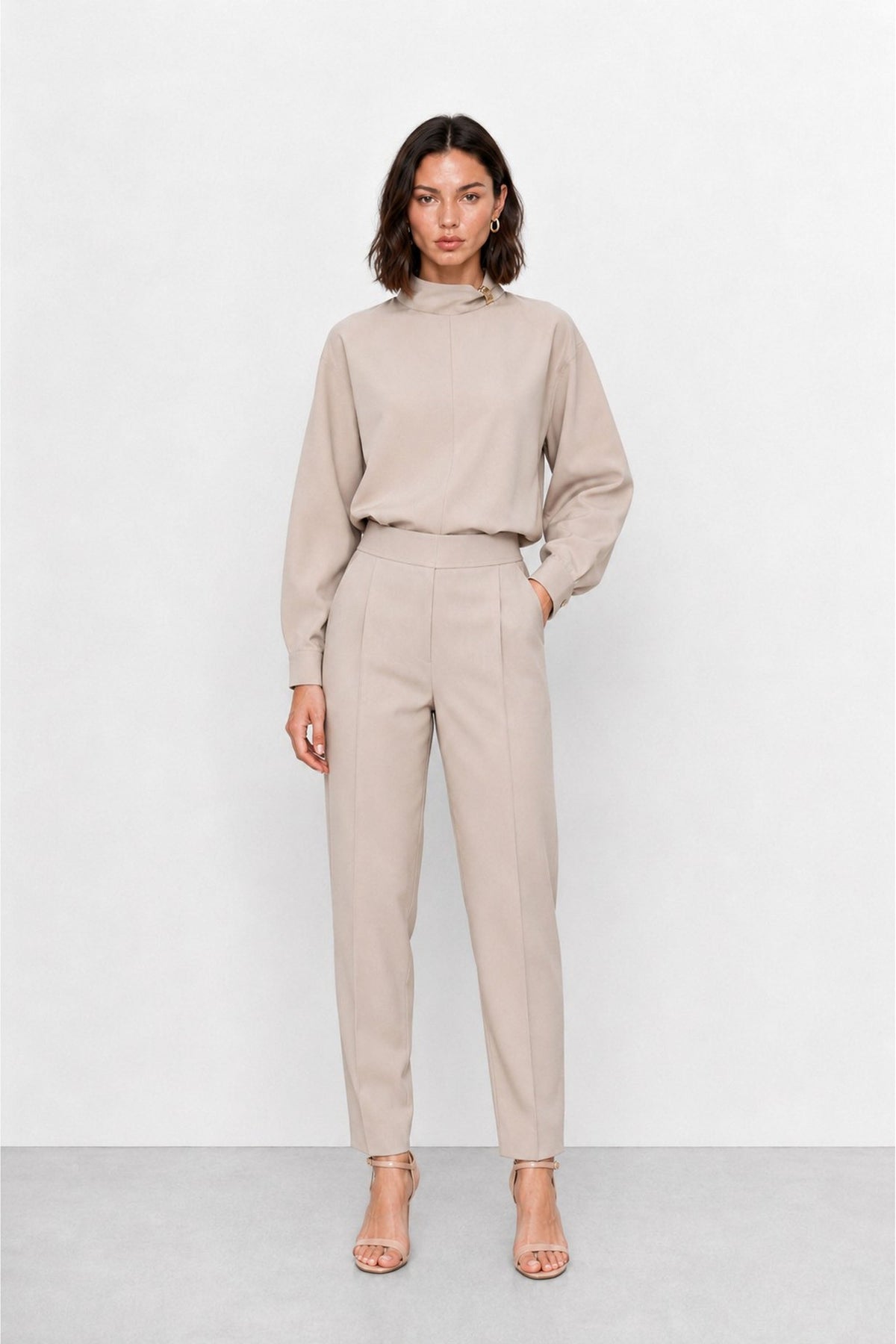 Pius Draped High-Neck Blouse in Light Gray, view 2