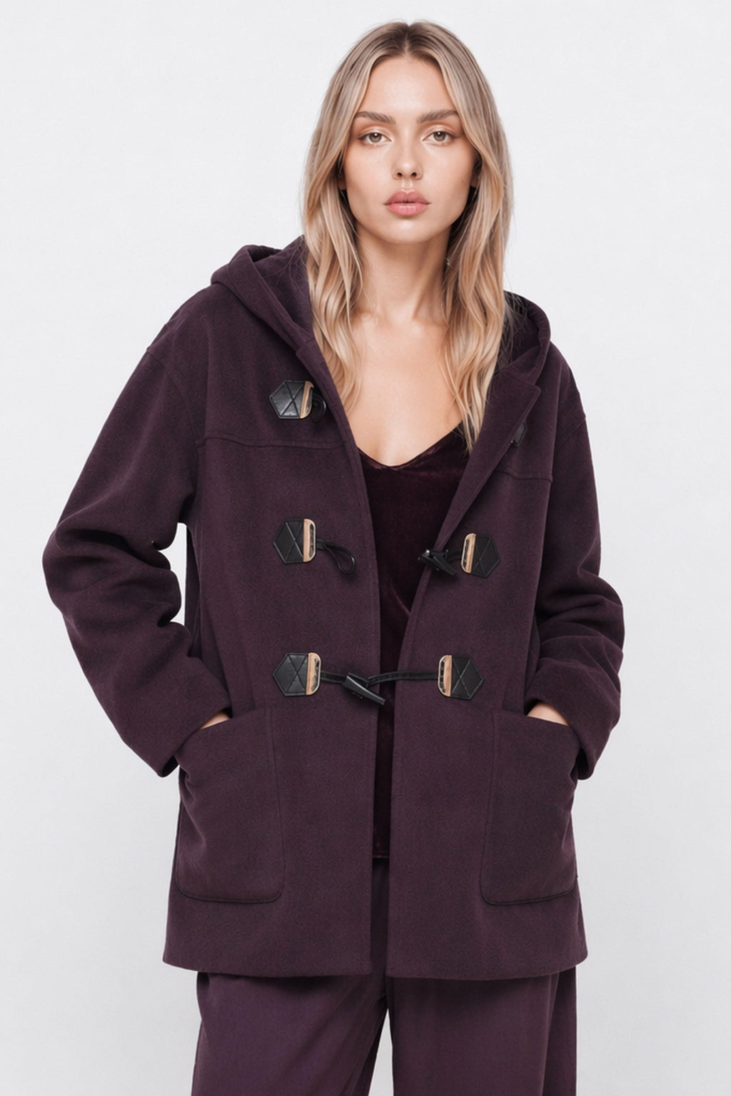 Deepak Hooded Wool-Blend Duffle Coat in Burgundy, primary view