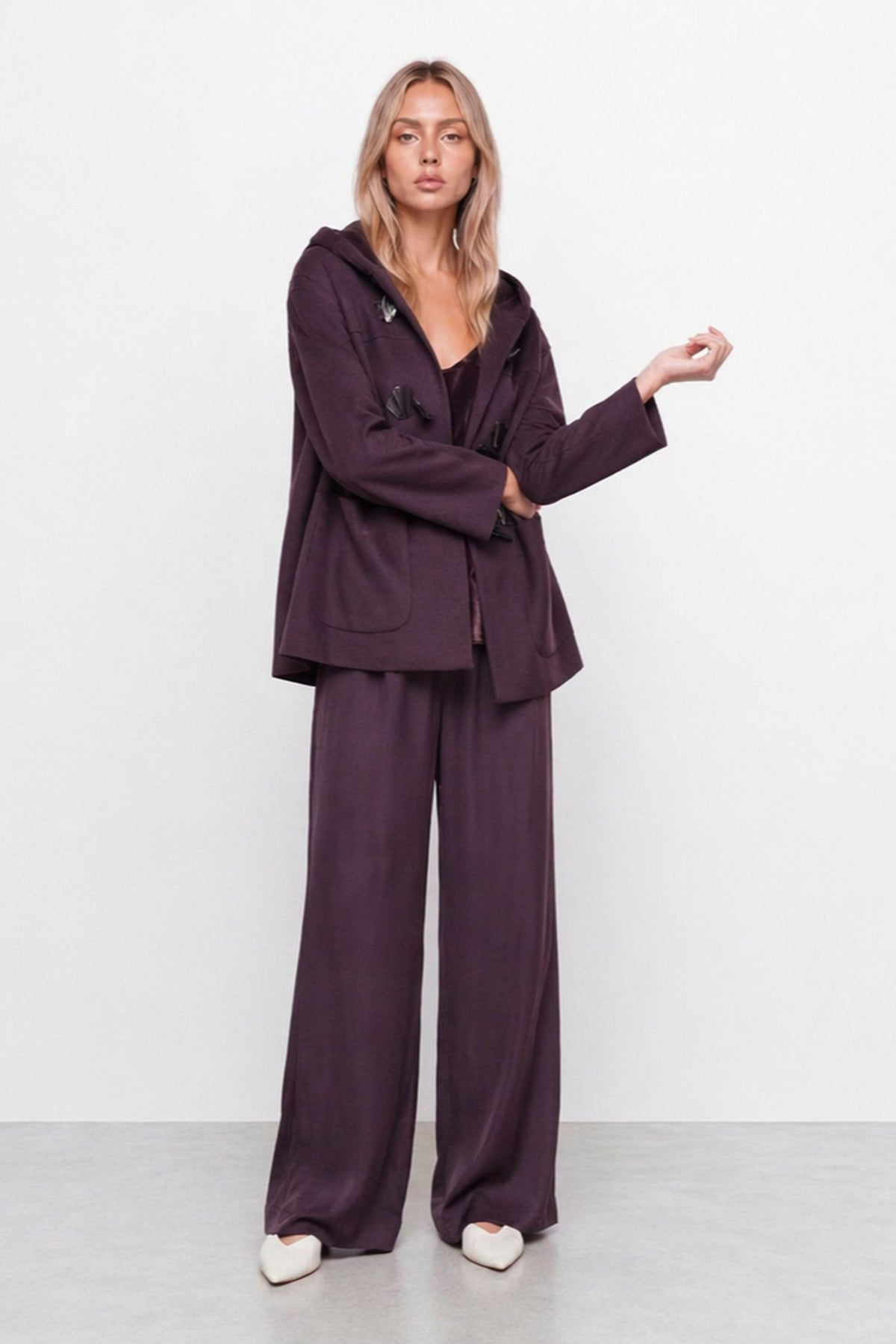 Deepak Hooded Wool-Blend Duffle Coat in Burgundy, view 2