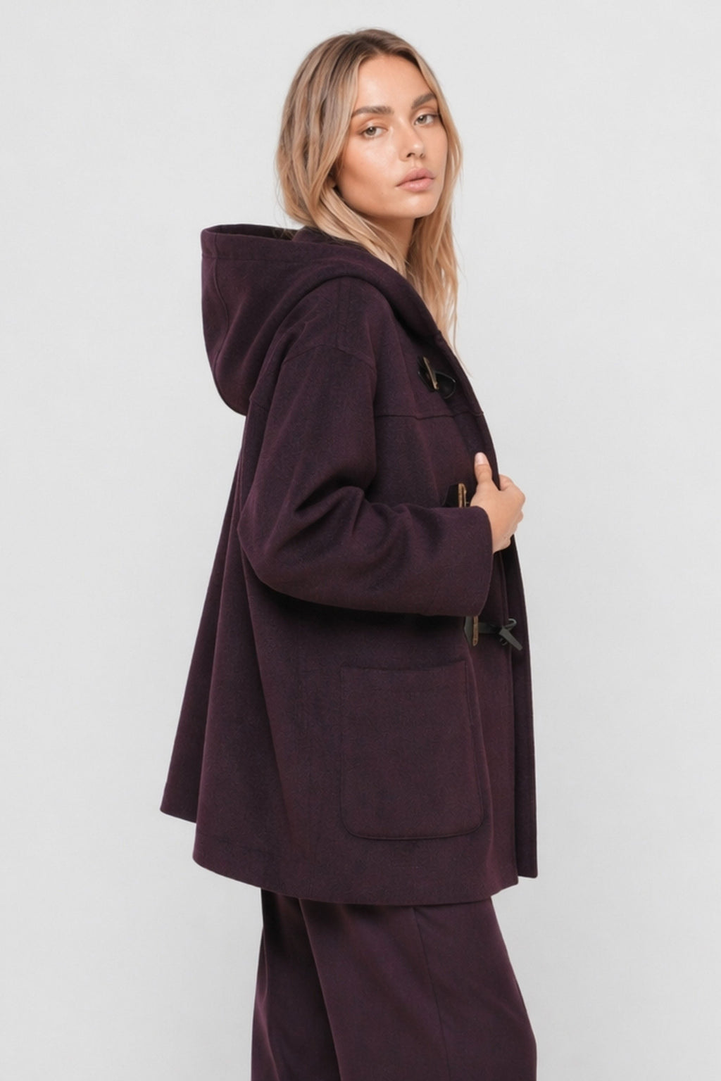 Deepak Hooded Wool-Blend Duffle Coat in Burgundy, view 3