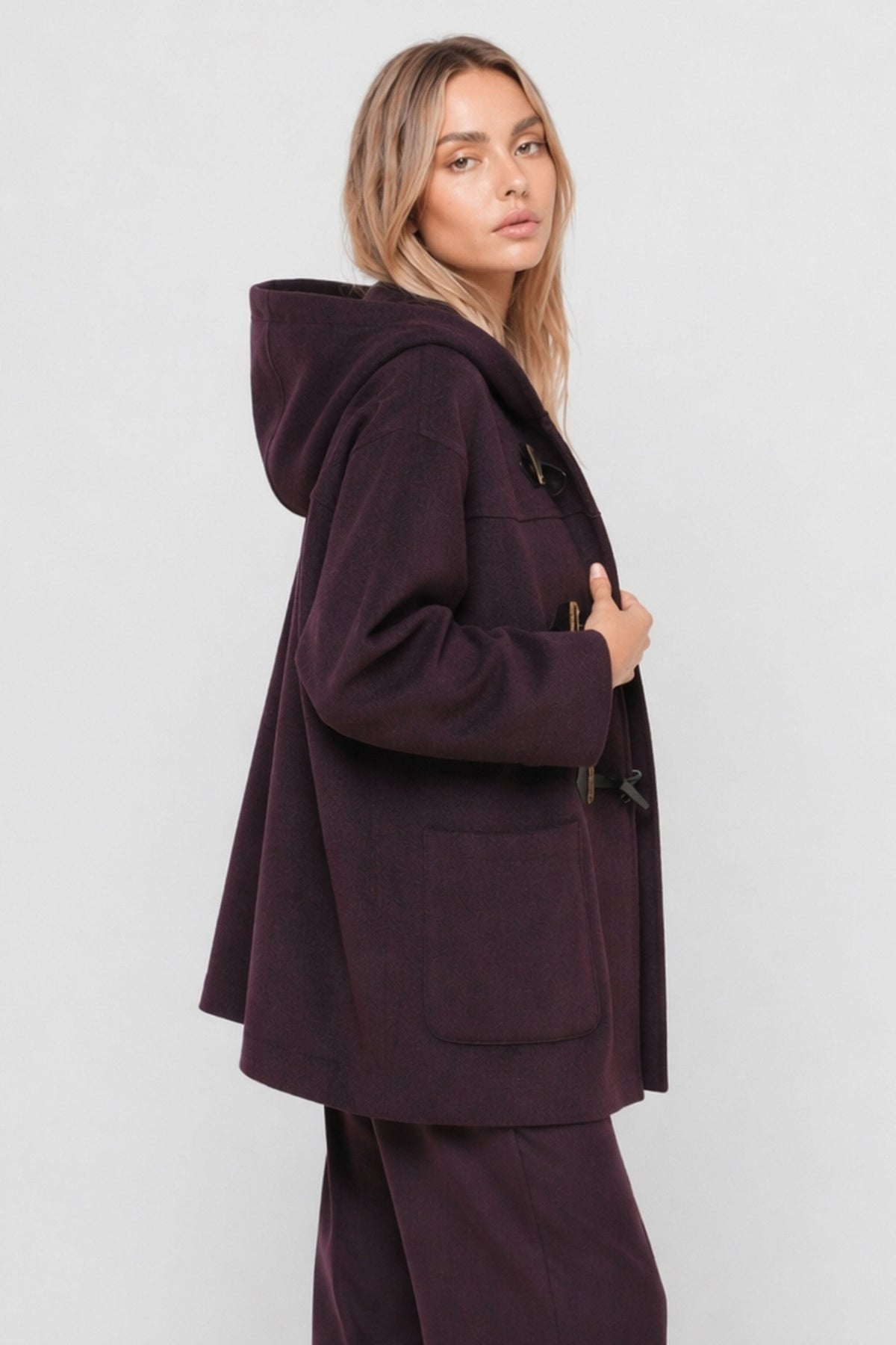 Deepak Hooded Wool-Blend Duffle Coat in Burgundy, view 3