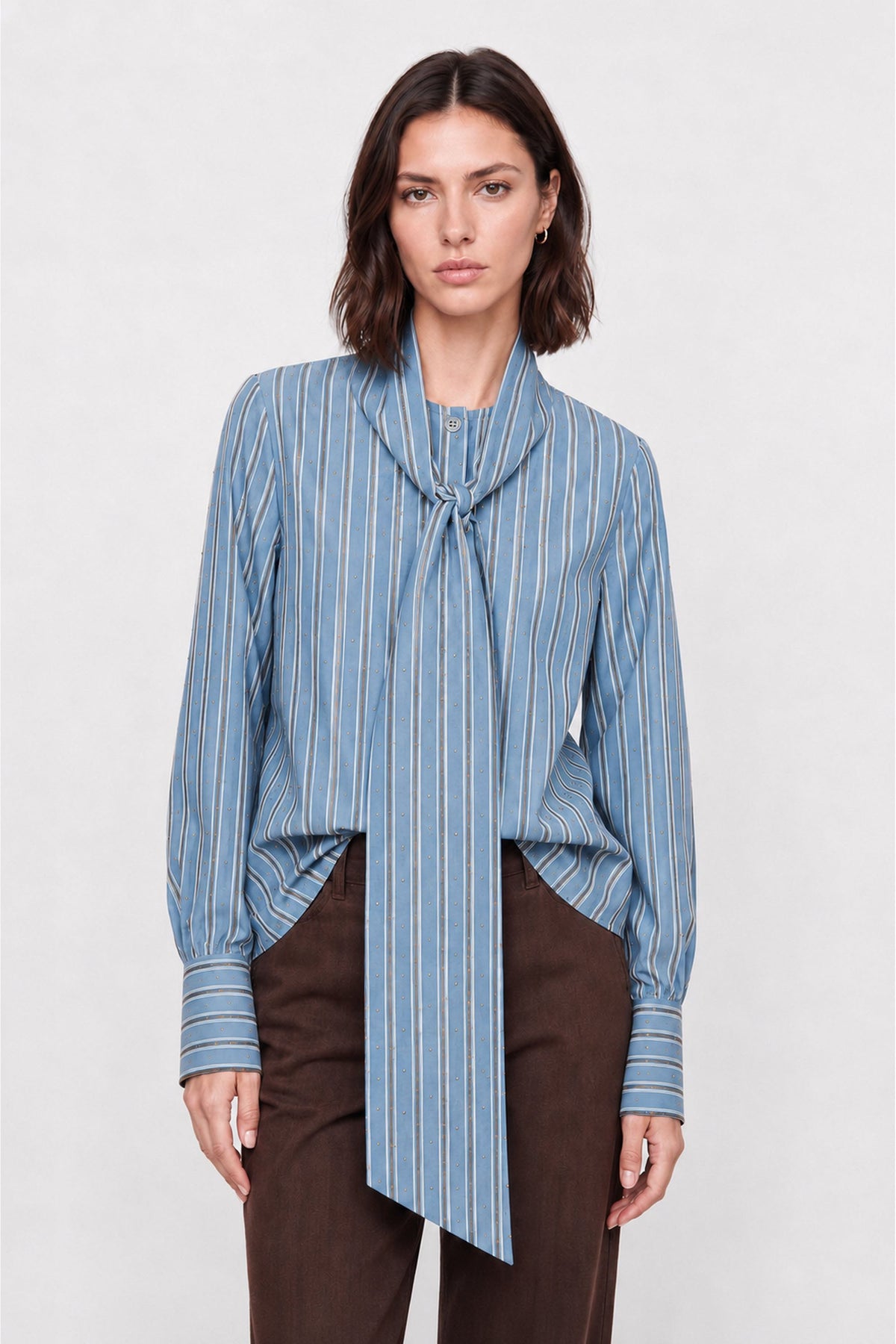 Remigio Striped Tie-Neck Shirt in Light Blue & Brown, primary view