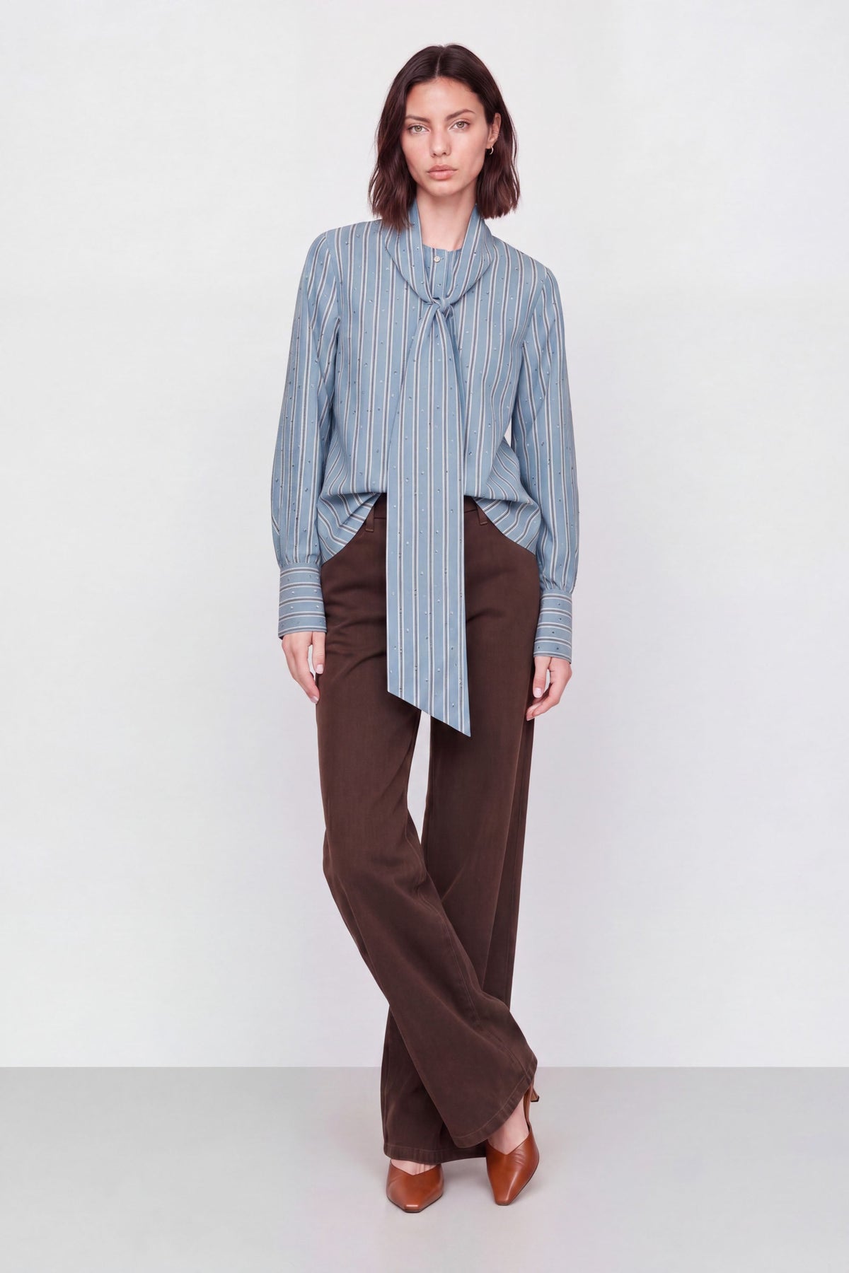 Remigio Striped Tie-Neck Shirt in Light Blue & Brown, view 2