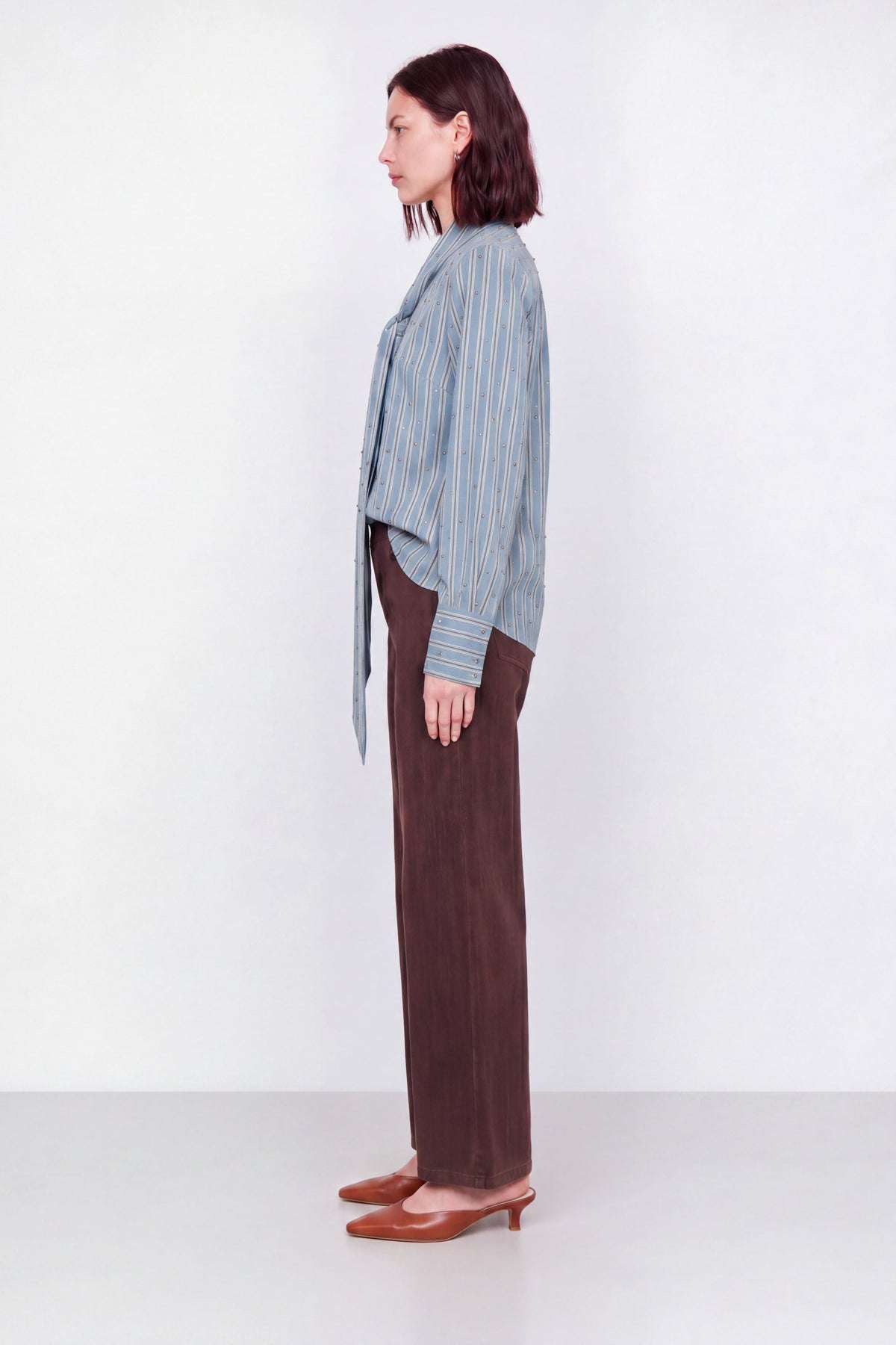 Remigio Striped Tie-Neck Shirt in Light Blue & Brown, view 3
