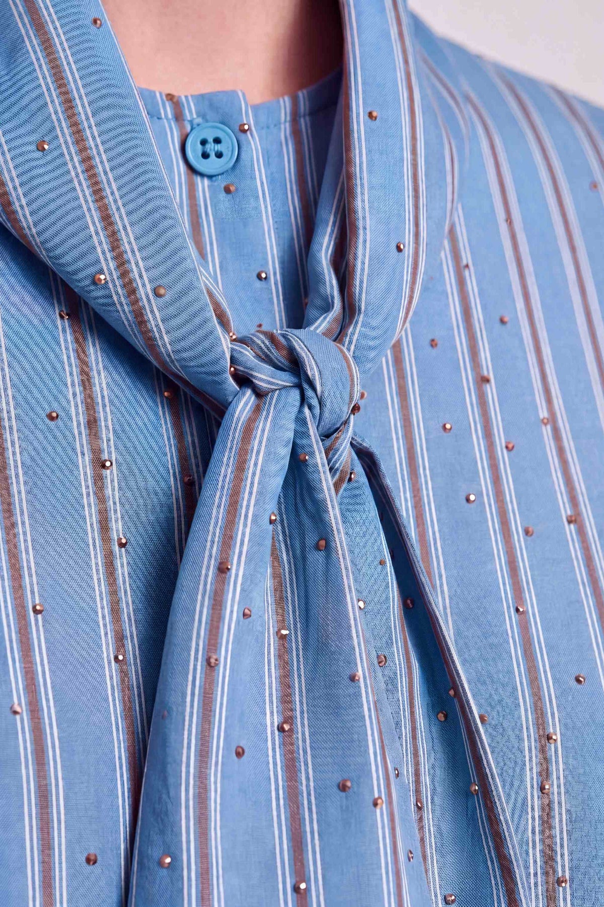 Remigio Striped Tie-Neck Shirt in Light Blue & Brown, view 4