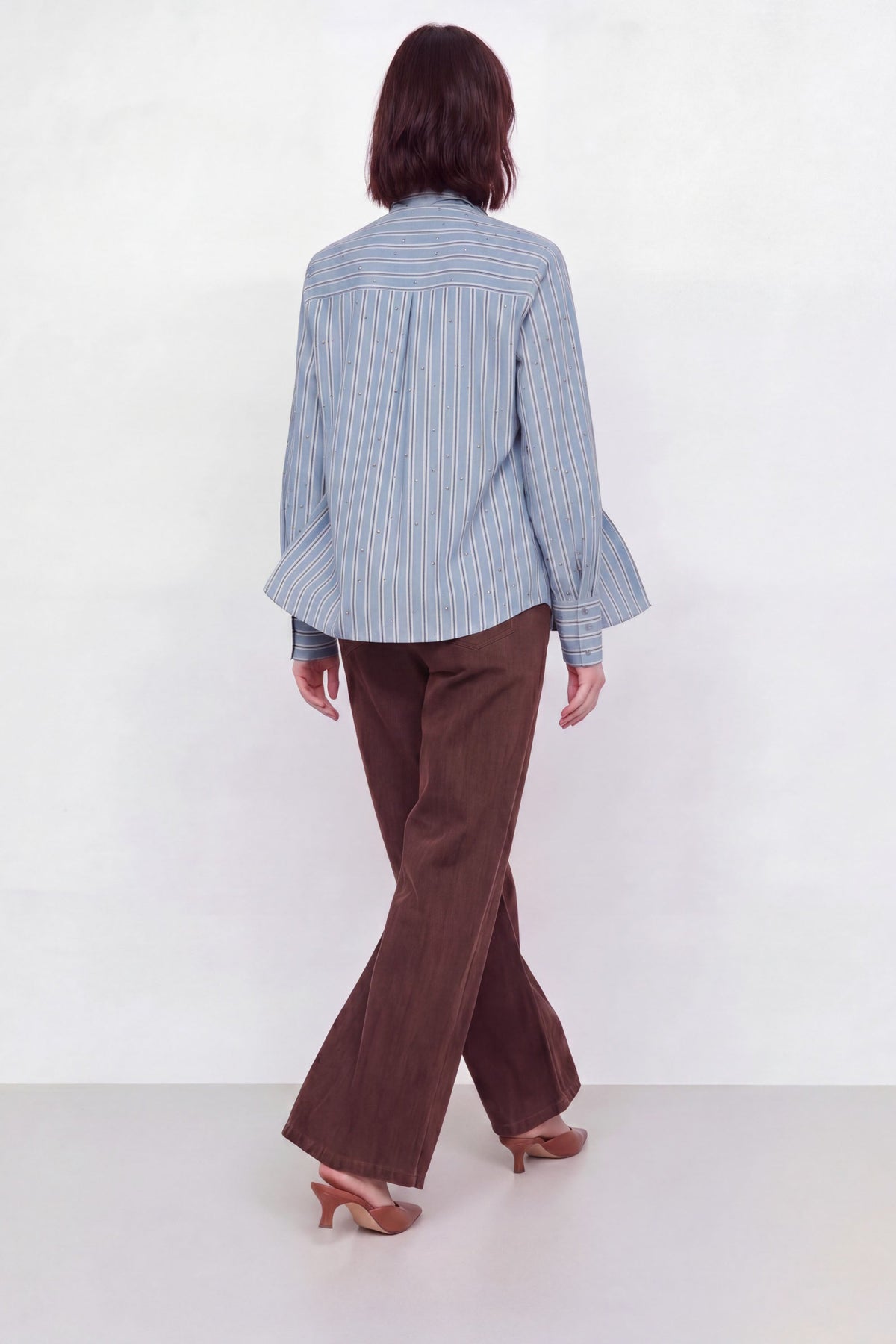 Remigio Striped Tie-Neck Shirt in Light Blue & Brown, view 5