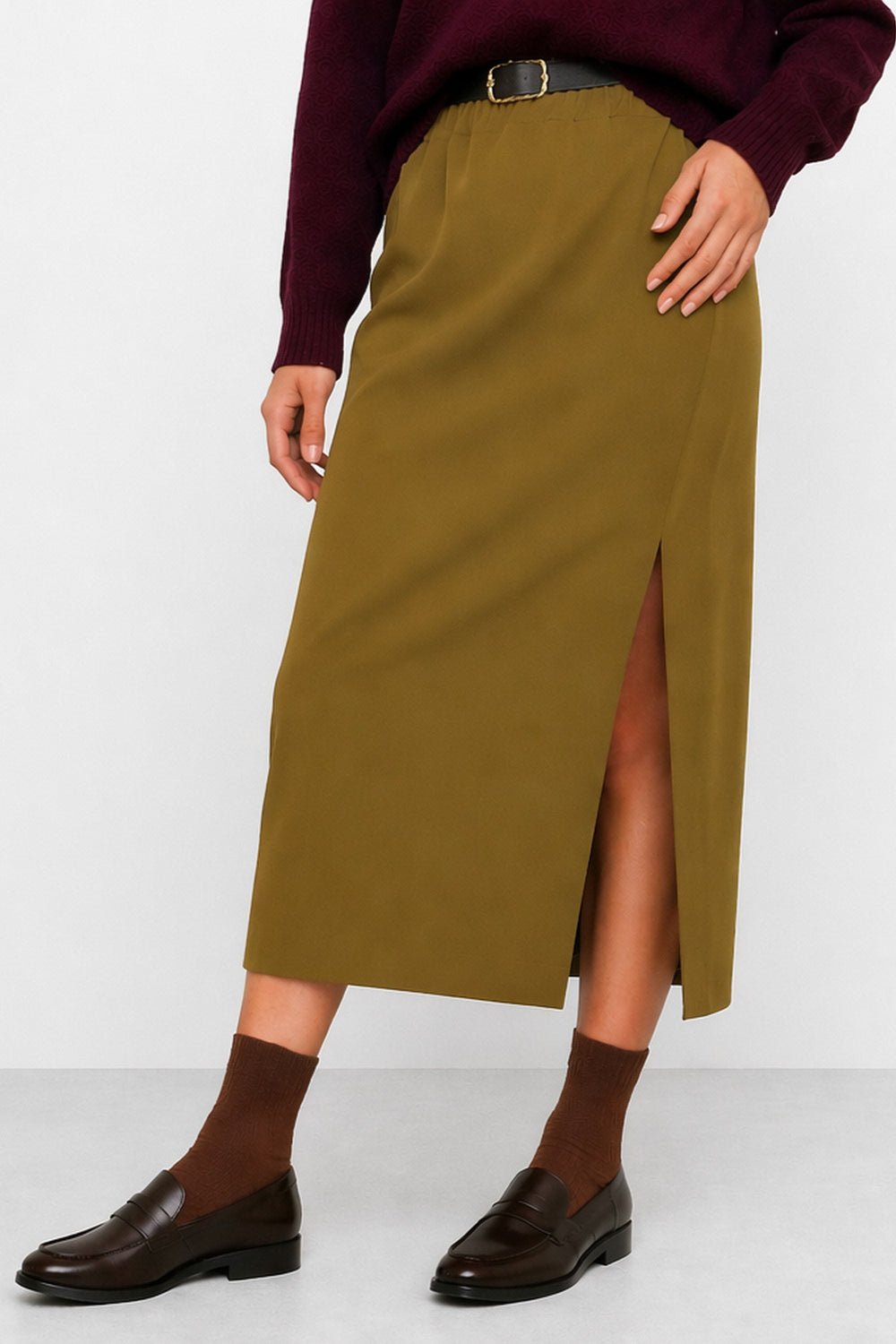 Rupert Side-Slit Midi Skirt in Olive, primary view [fp-color:olive]