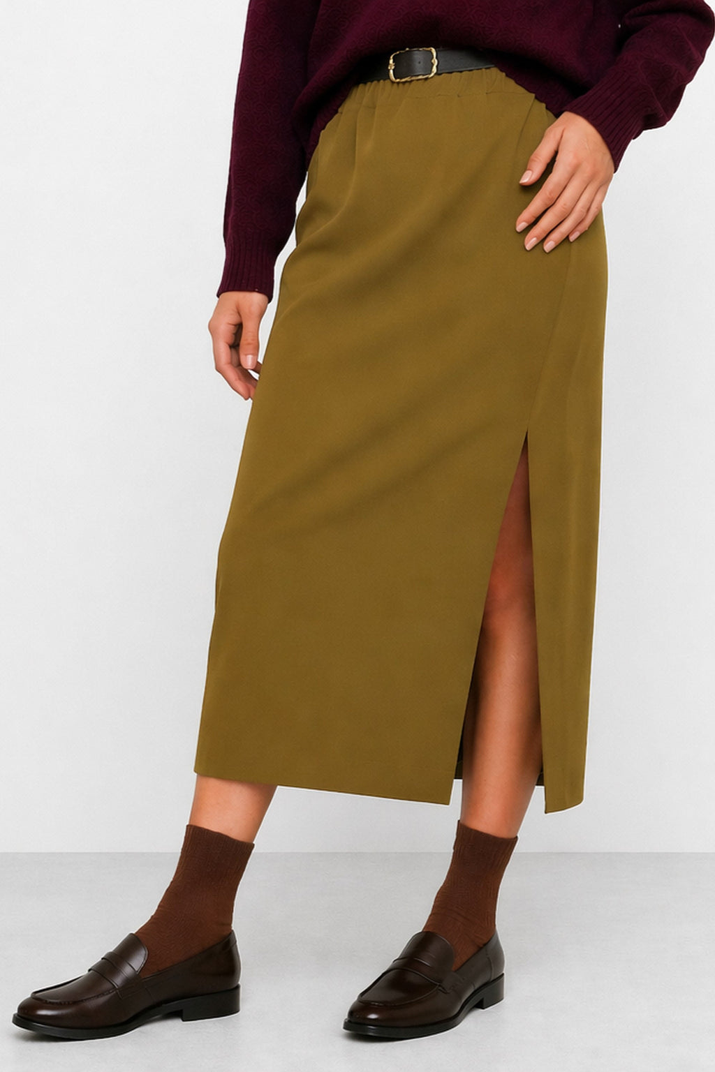 Rupert Side-Slit Midi Skirt in Olive, primary view