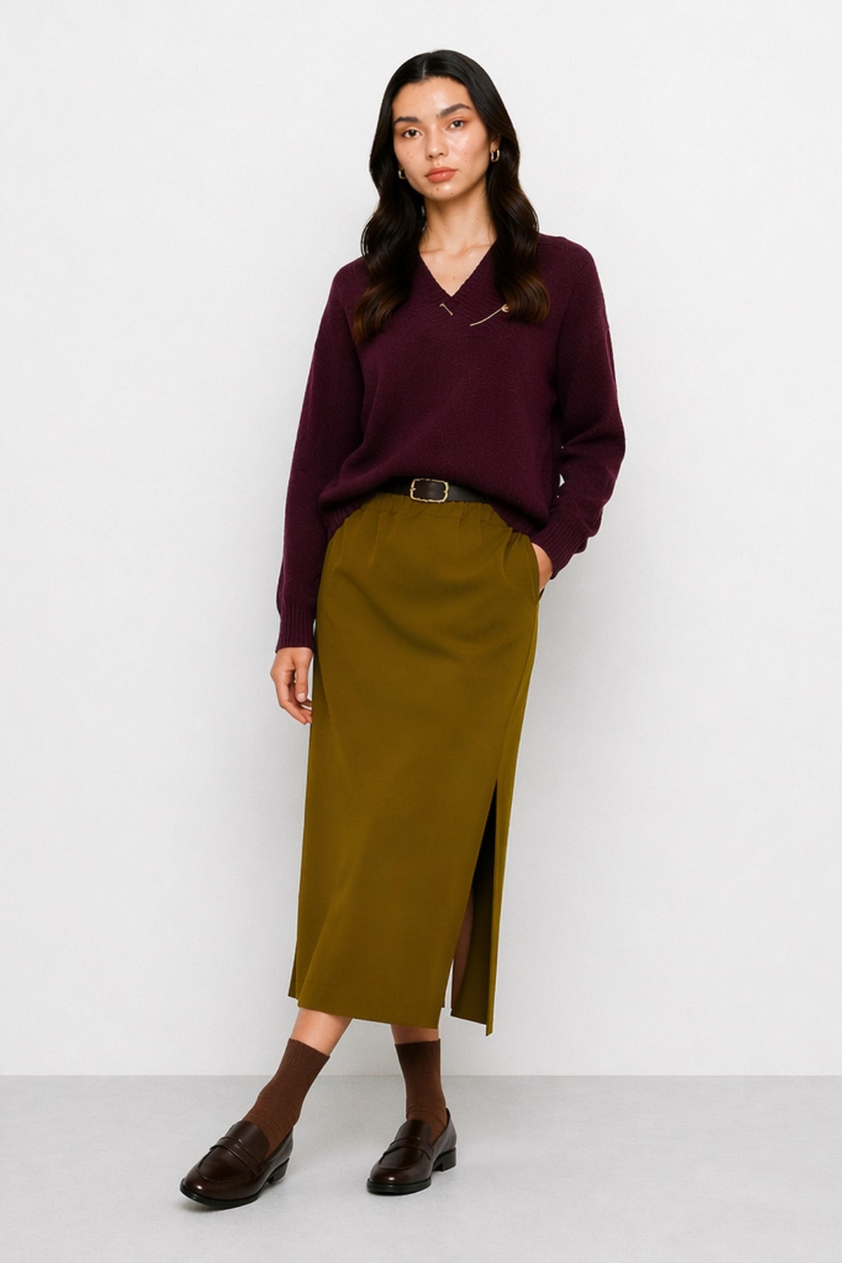 Rupert Side-Slit Midi Skirt in Olive, view 2