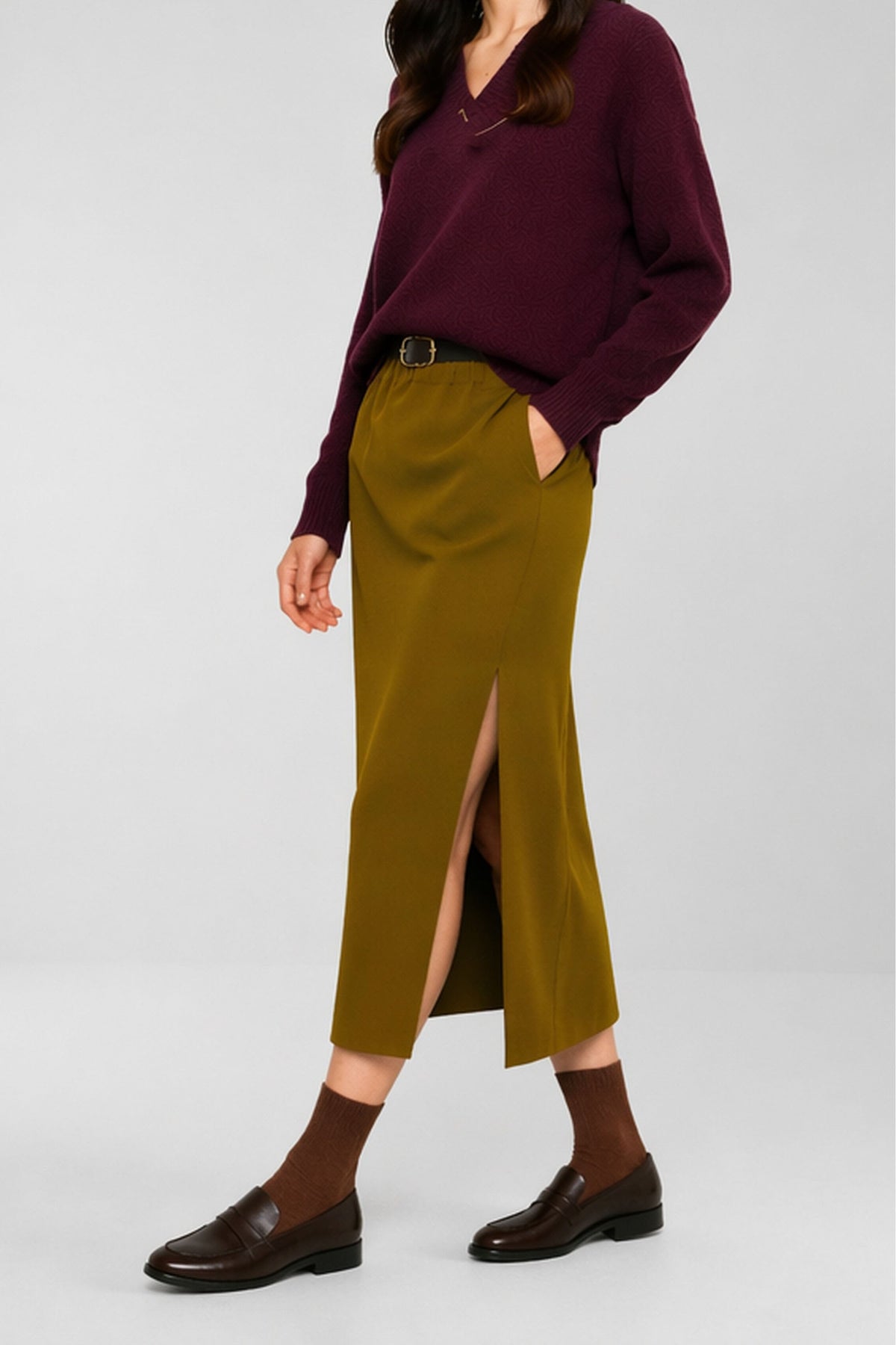 Rupert Side-Slit Midi Skirt in Olive, view 3