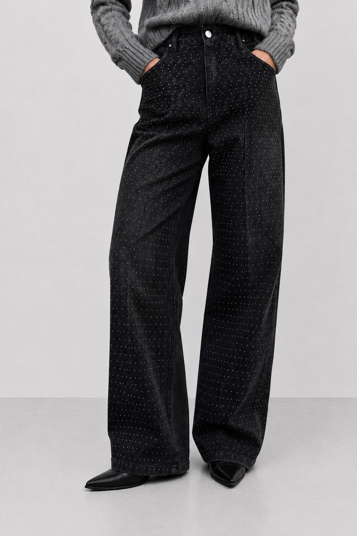 Jeraldina Embellished Wide-Leg Jeans in Black, primary view