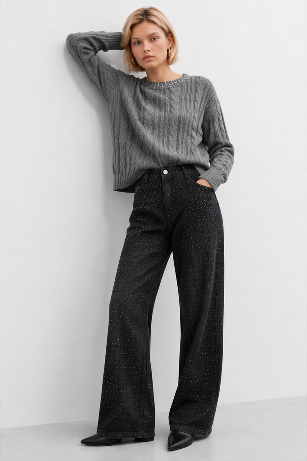 Jeraldina Embellished Wide-Leg Jeans in Black, view 2