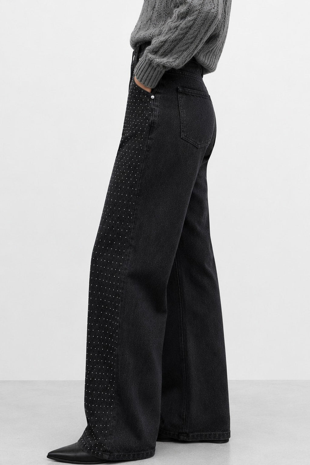 Jeraldina Embellished Wide-Leg Jeans in Black, view 3