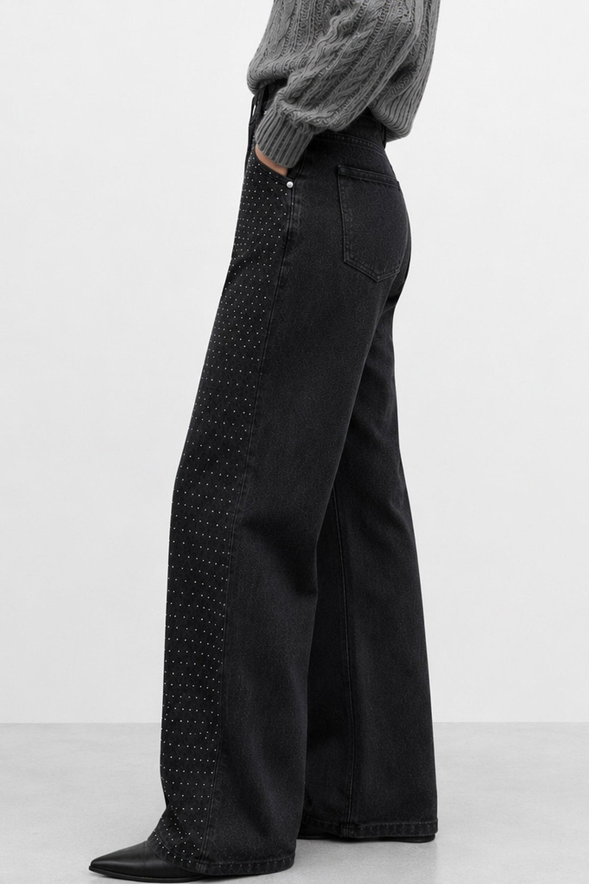 Jeraldina Embellished Wide-Leg Jeans in Black, view 3