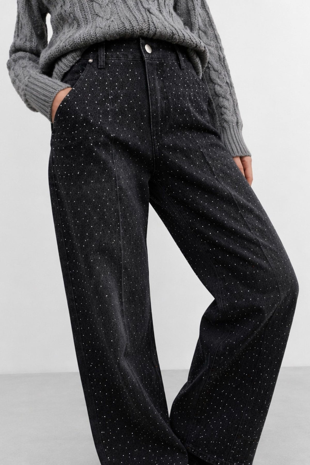 Jeraldina Embellished Wide-Leg Jeans in Black, view 4