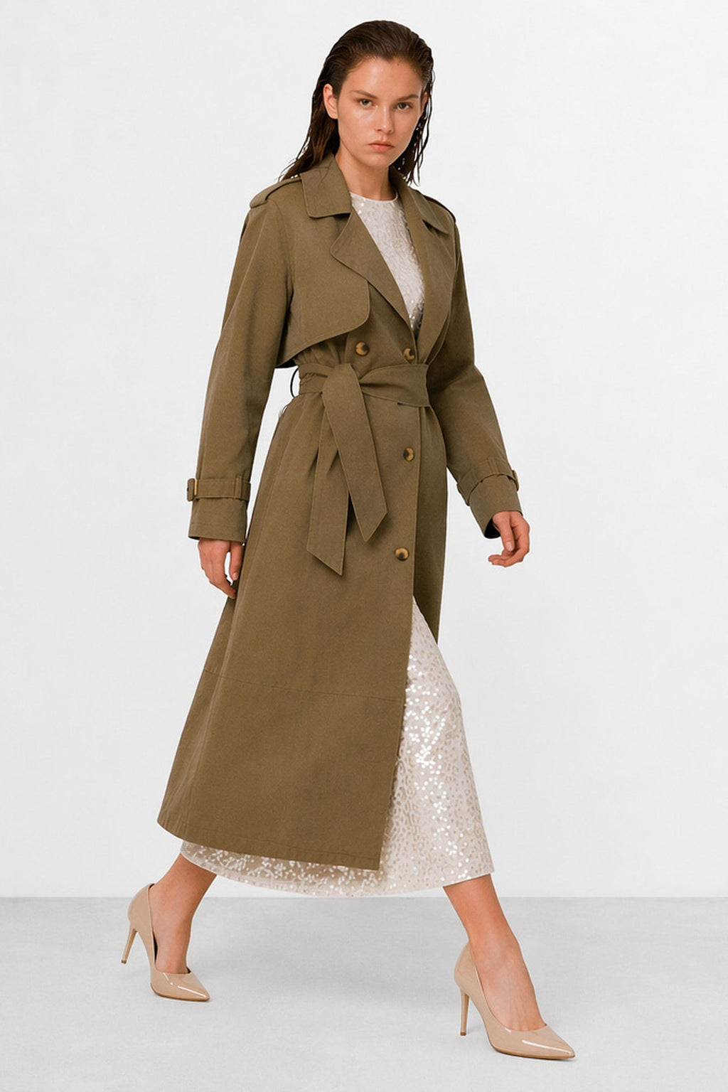Isabeu Belted Cotton Trench Coat in Olive, view 3