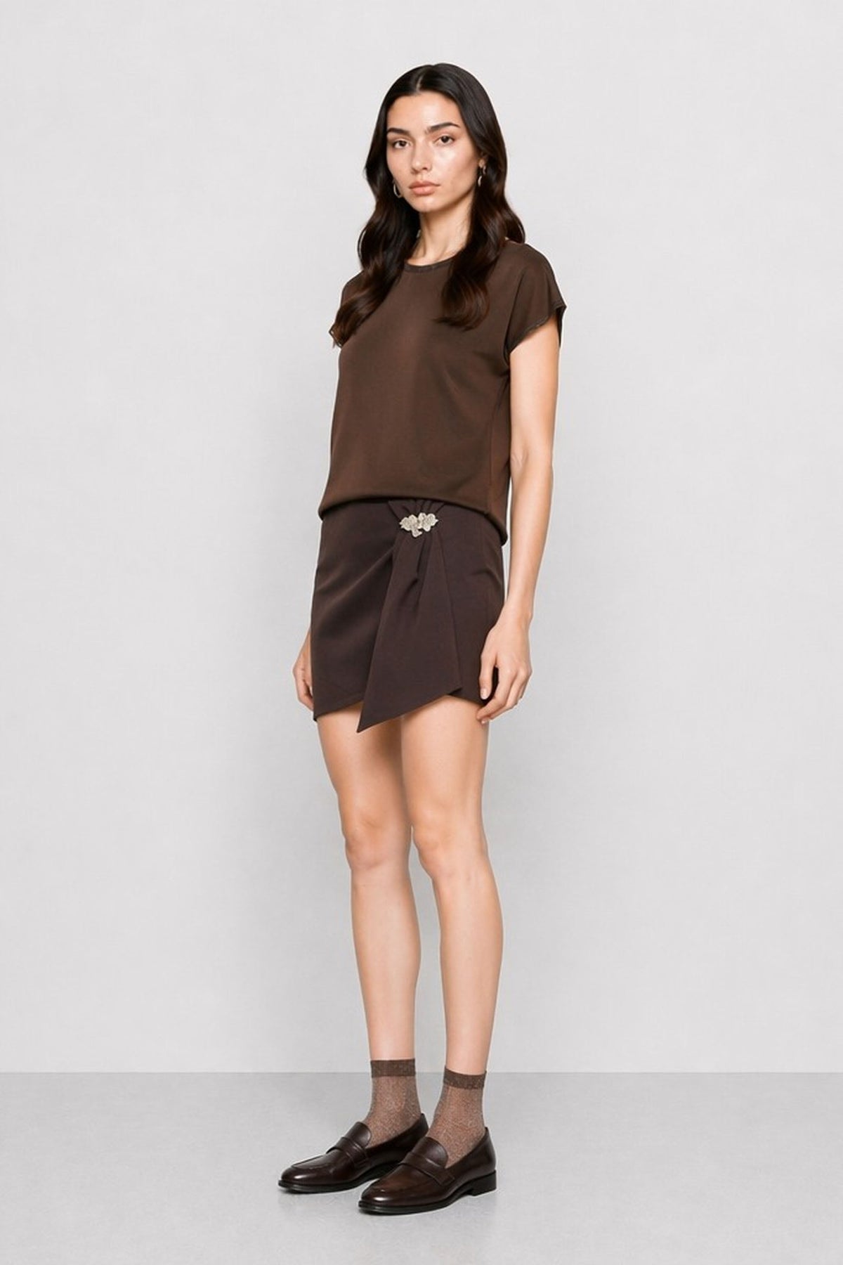 Amedee Fluid Viscose T-Shirt in Chocolate, view 3