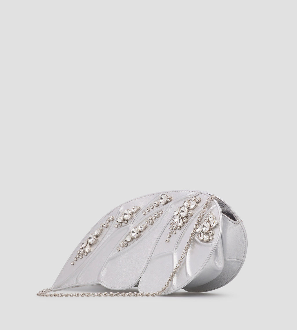 Butterfly Metallic Leather Clutch in Silver, view 4