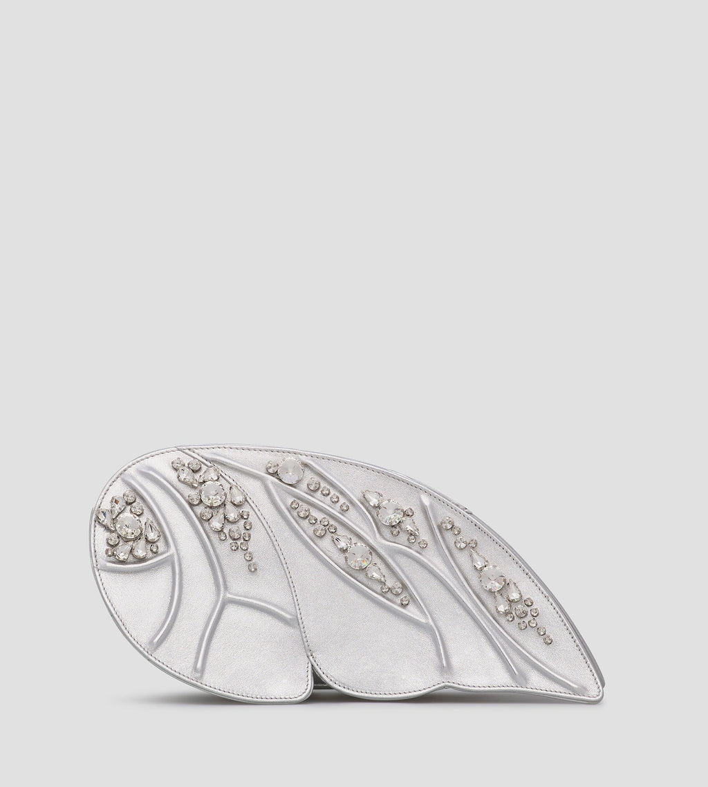 Butterfly Metallic Leather Clutch in Silver, view 3