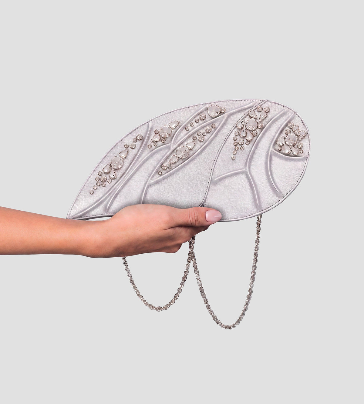 Butterfly Metallic Leather Clutch in Silver, view 2