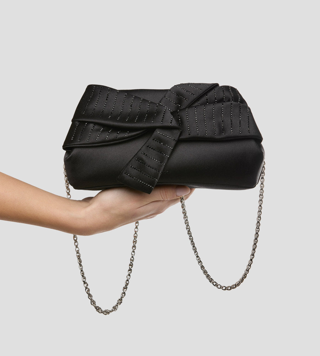 Sira Bow Satin Clutch in Black, view 2