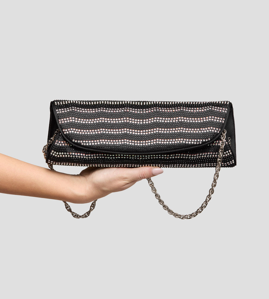 Nora Crystal Satin Clutch in Black, view 2