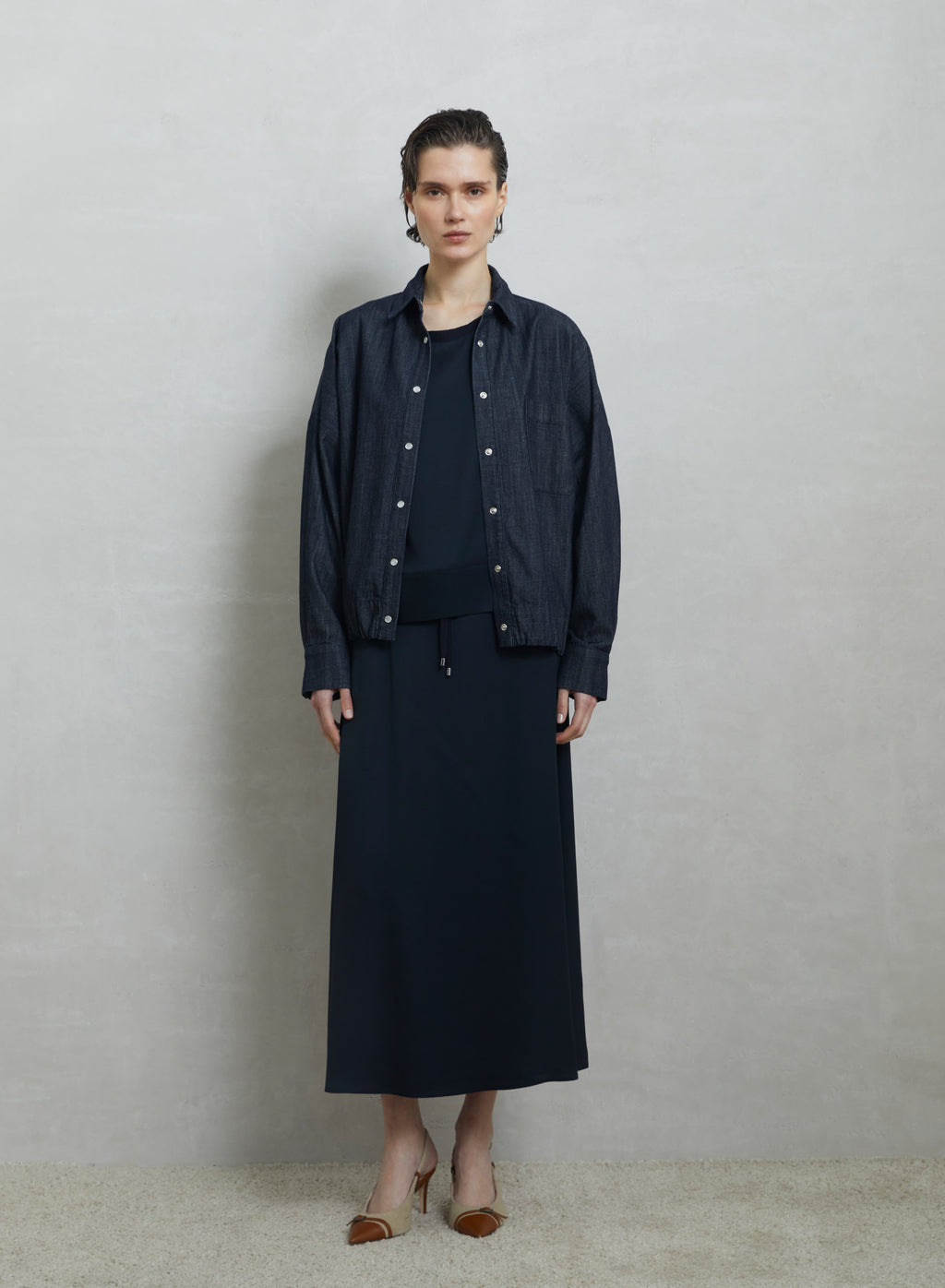 Drawstring Denim Overshirt in Dark Blue, view 3