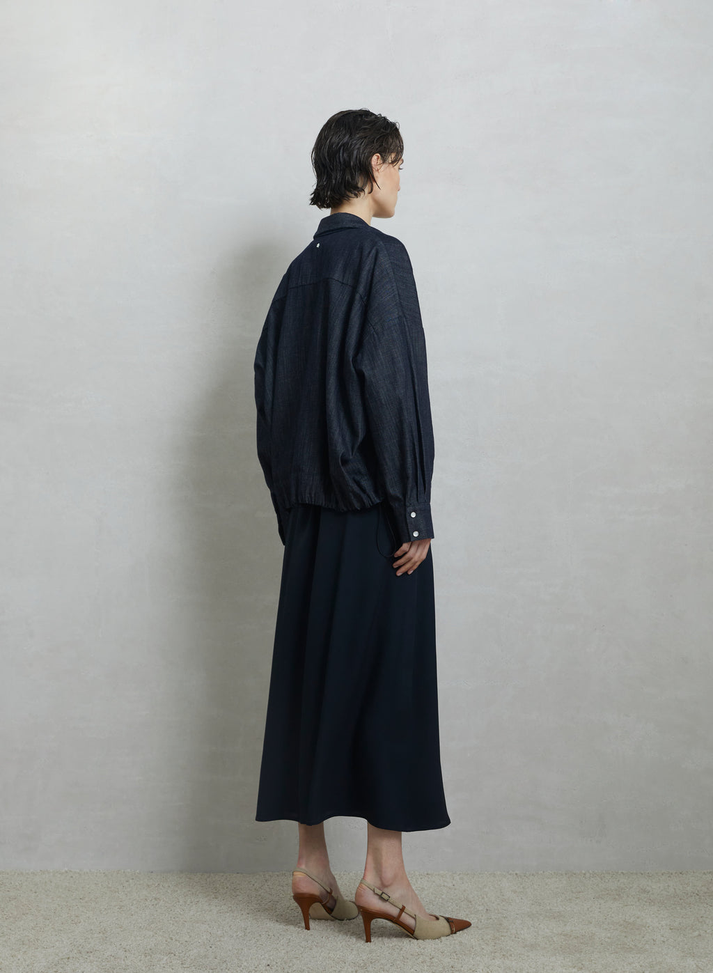 Drawstring Denim Overshirt in Dark Blue, view 4