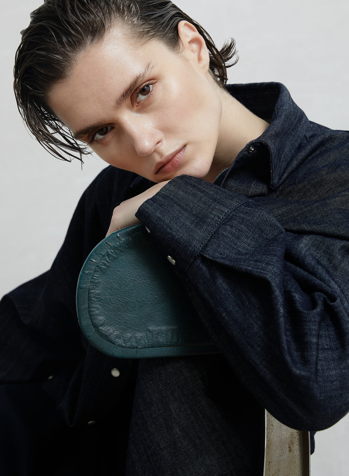 Drawstring Denim Overshirt in Dark Blue, view 2