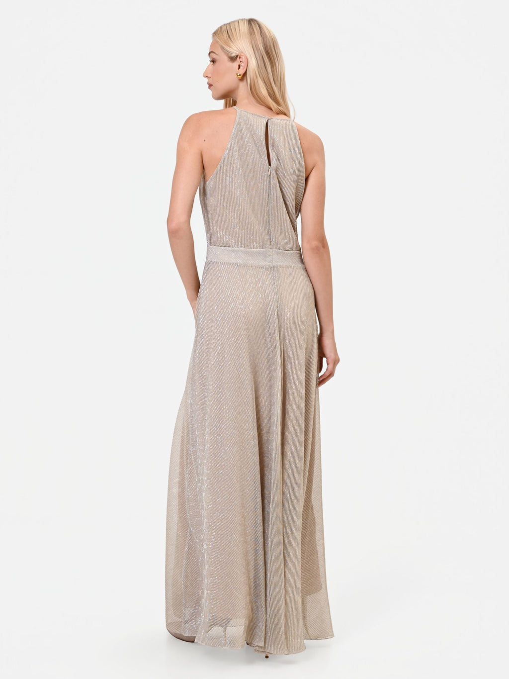 Metallic Halter Maxi Dress in Gold, view 4