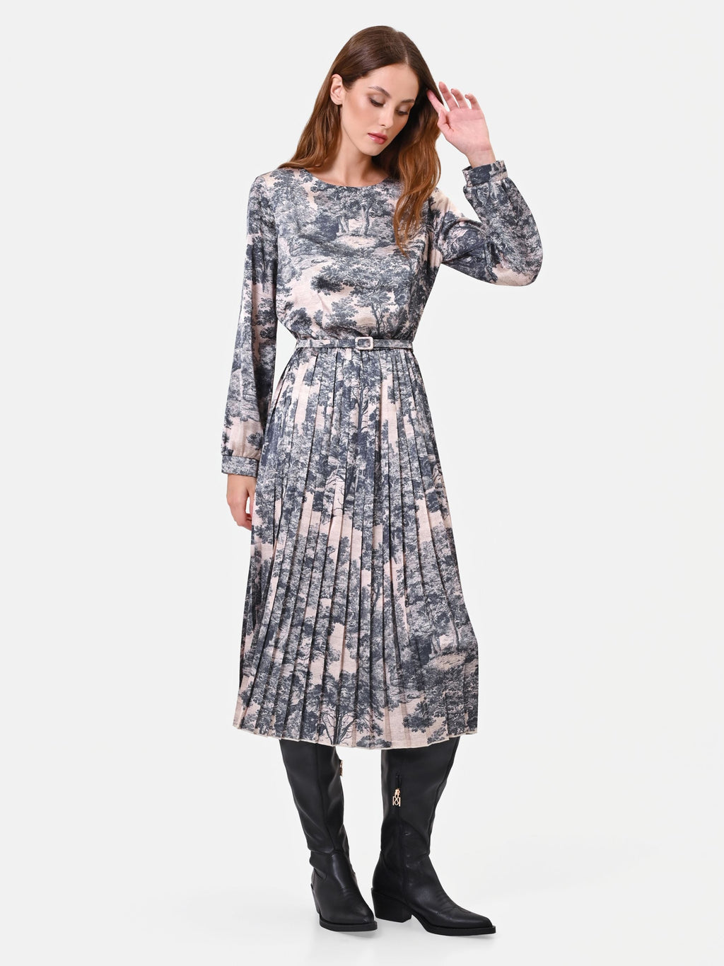 Toile-Print Pleated Midi Dress in Gray Toile Print, view 4