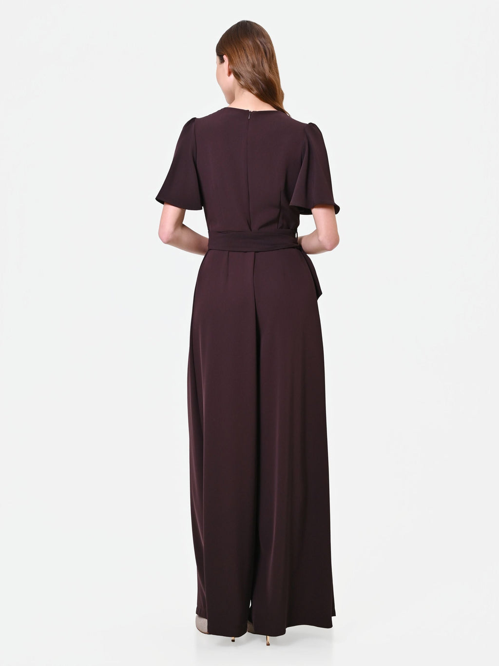 Wrap-Front Palazzo Jumpsuit in Chocolate, view 2