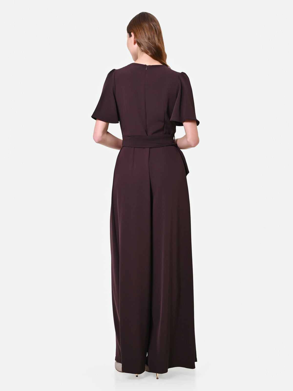 Wrap-Front Palazzo Jumpsuit in Chocolate, view 2