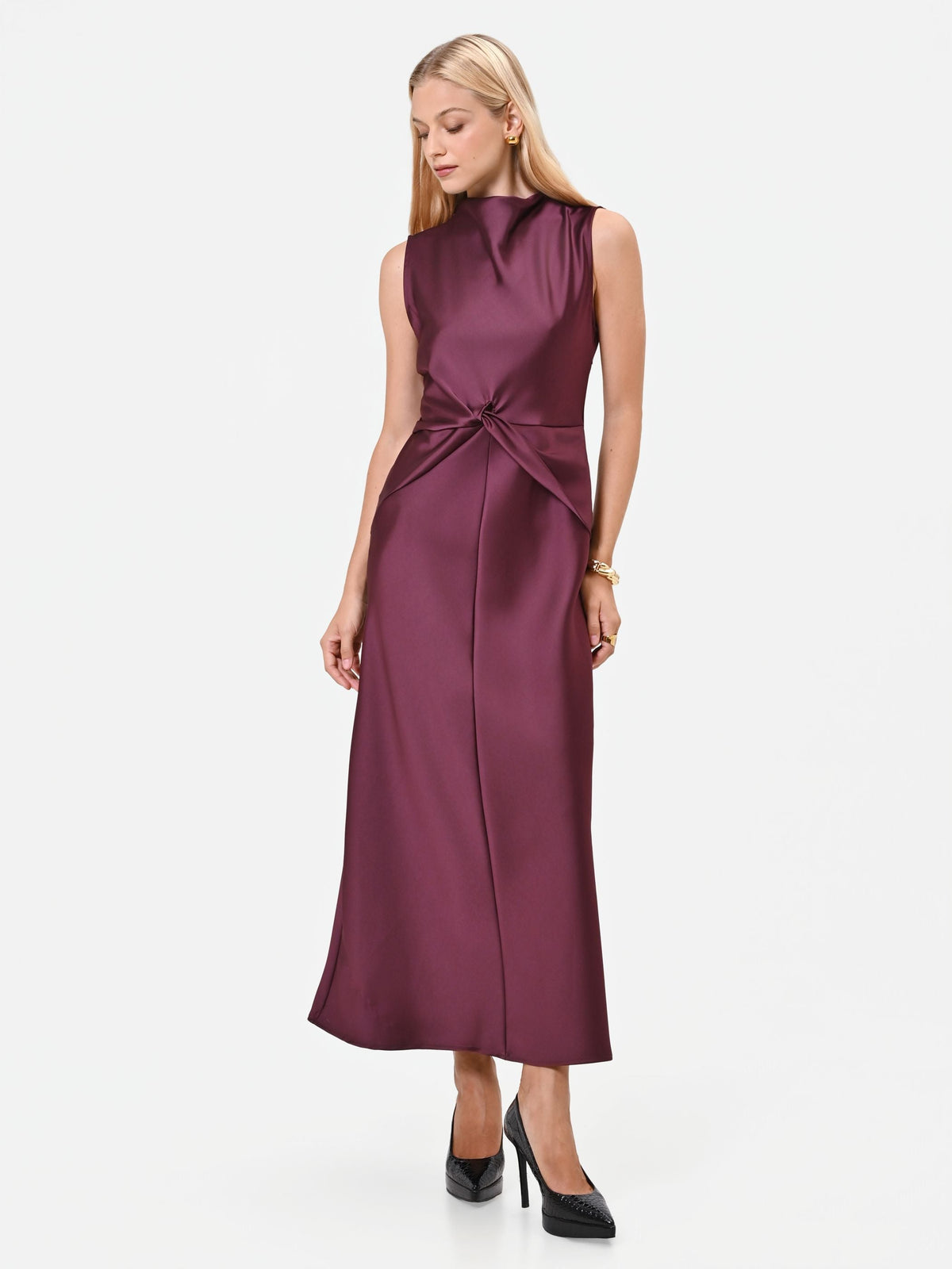 Knotted Satin Maxi Dress in Bordeaux, view 3
