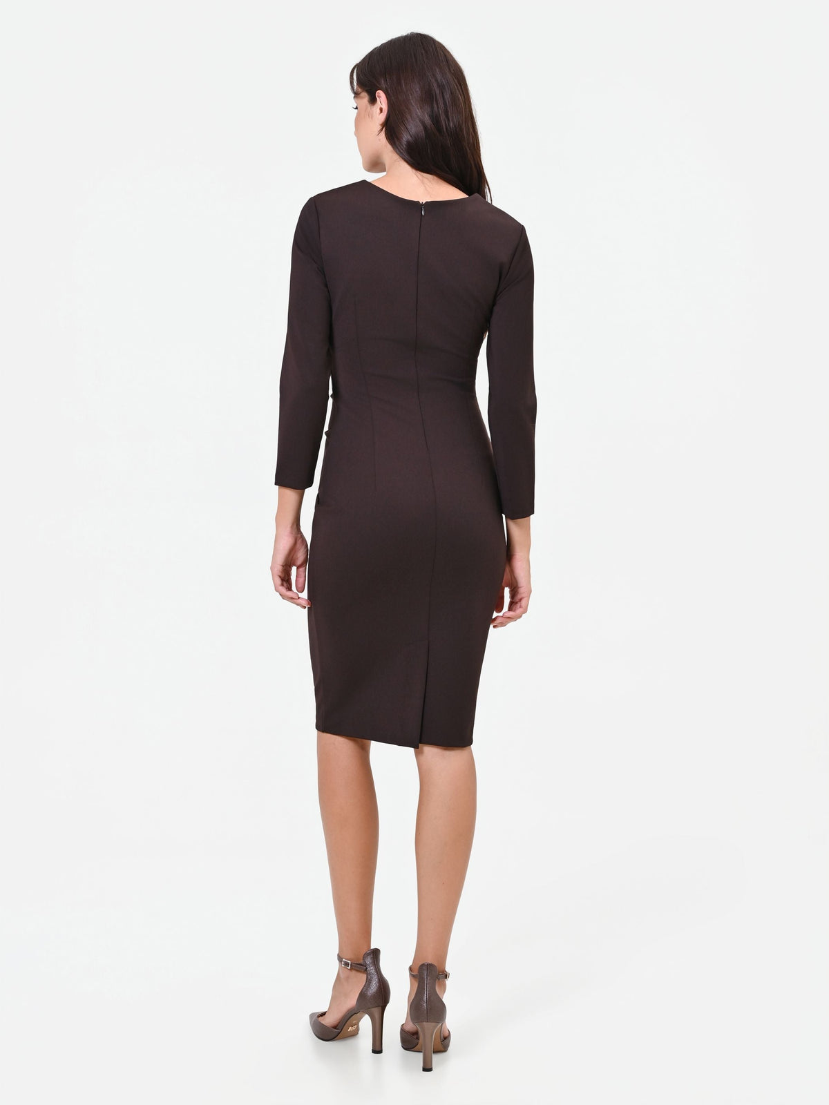 Draped Sheath Dress in Chocolate, view 3