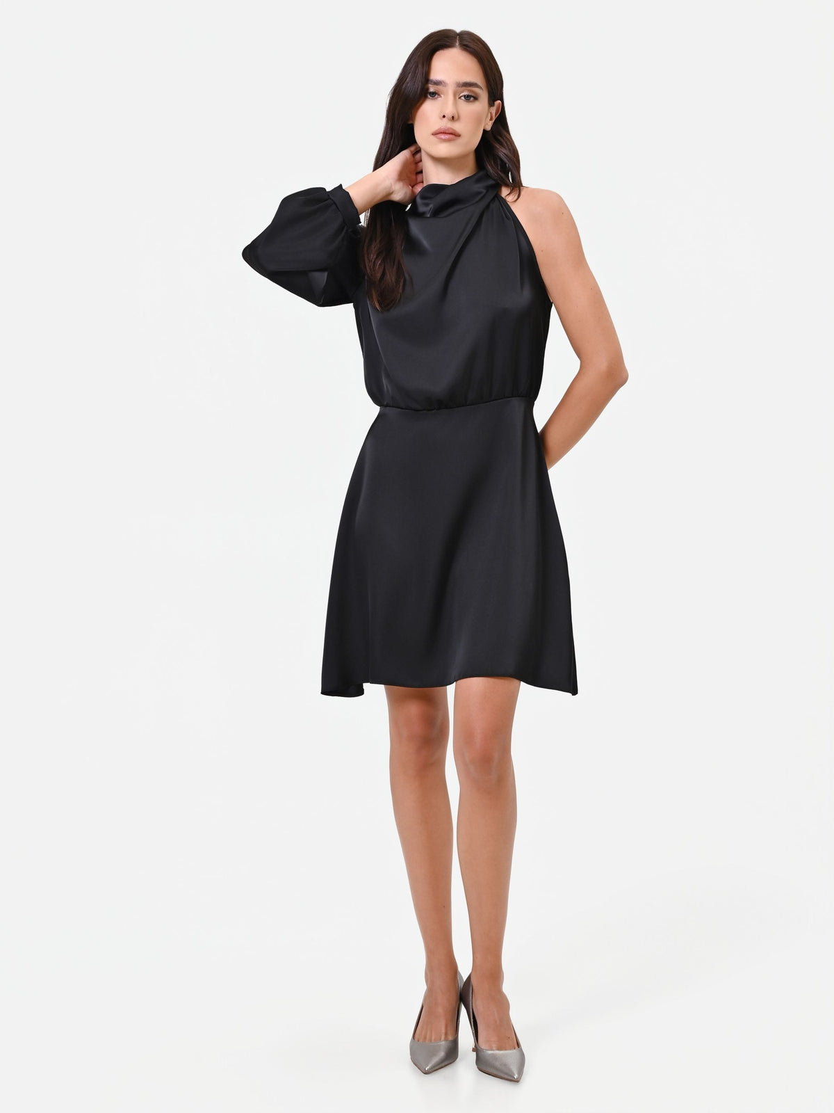 One-Shoulder Satin Mini Dress in Black, view 3