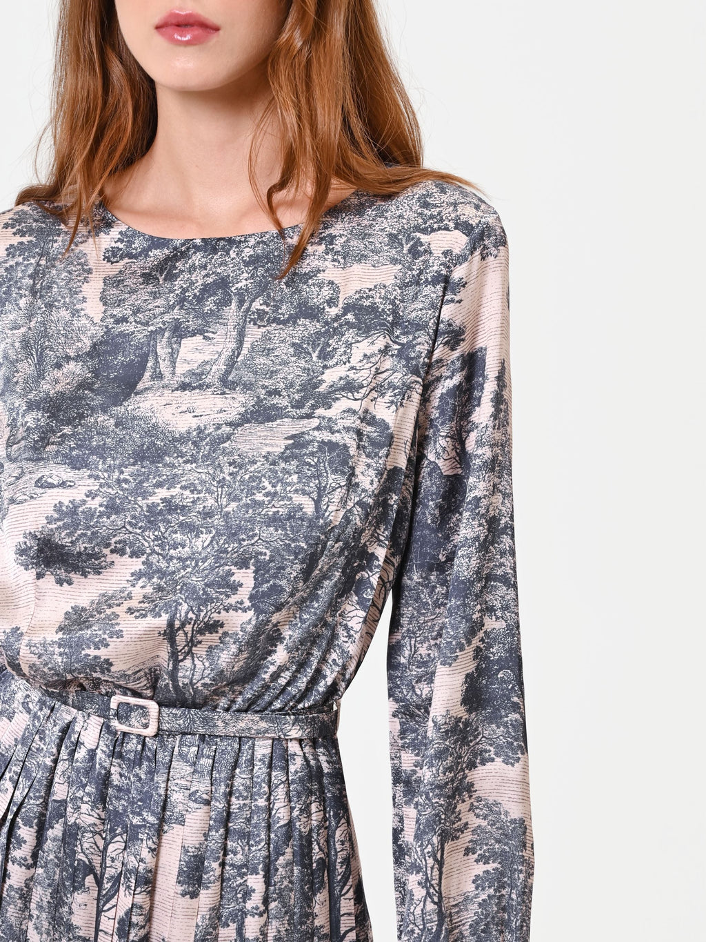 Toile-Print Pleated Midi Dress in Gray Toile Print, view 3