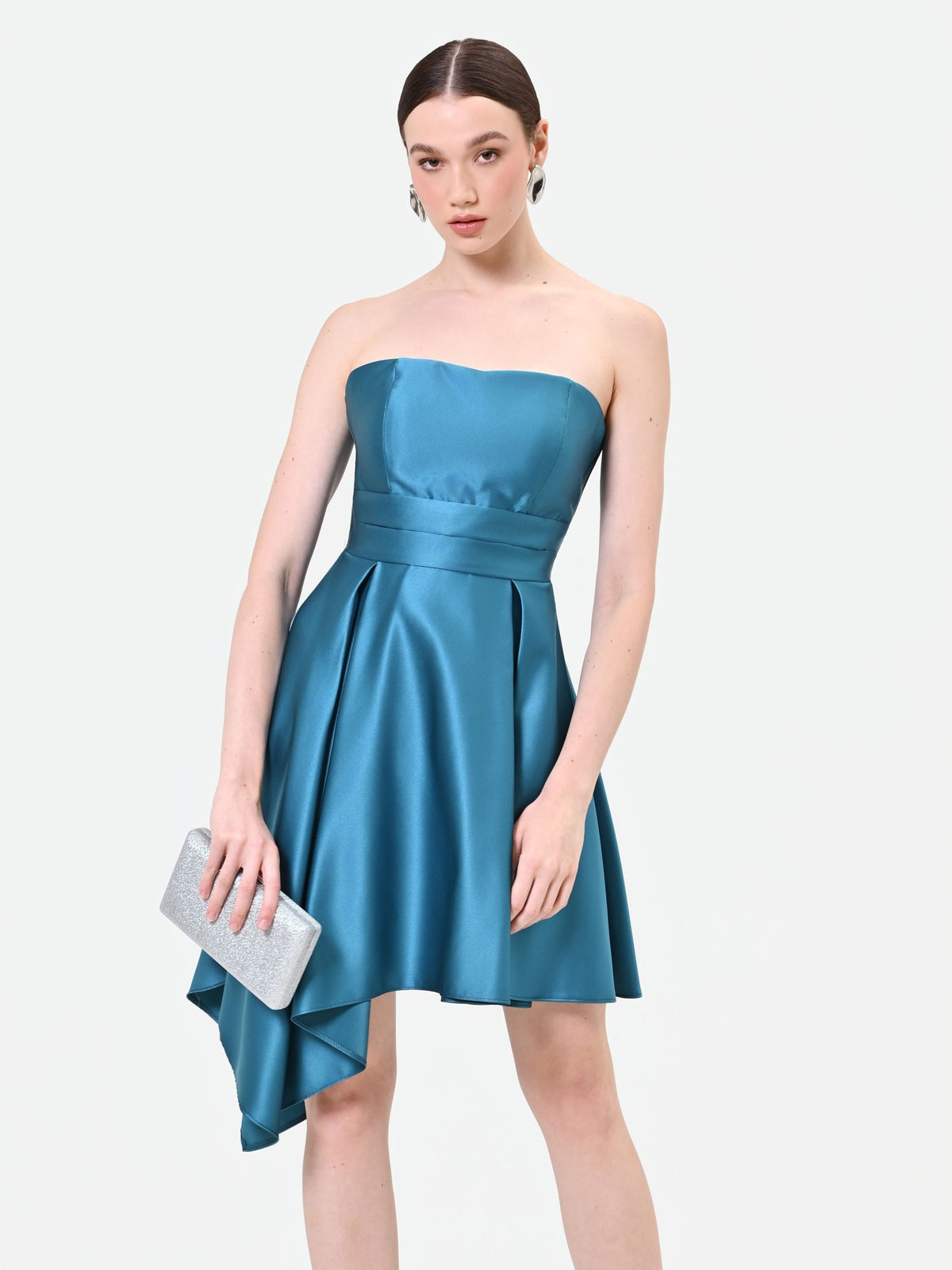Asymmetric Bustier Dress in Teal, view 5